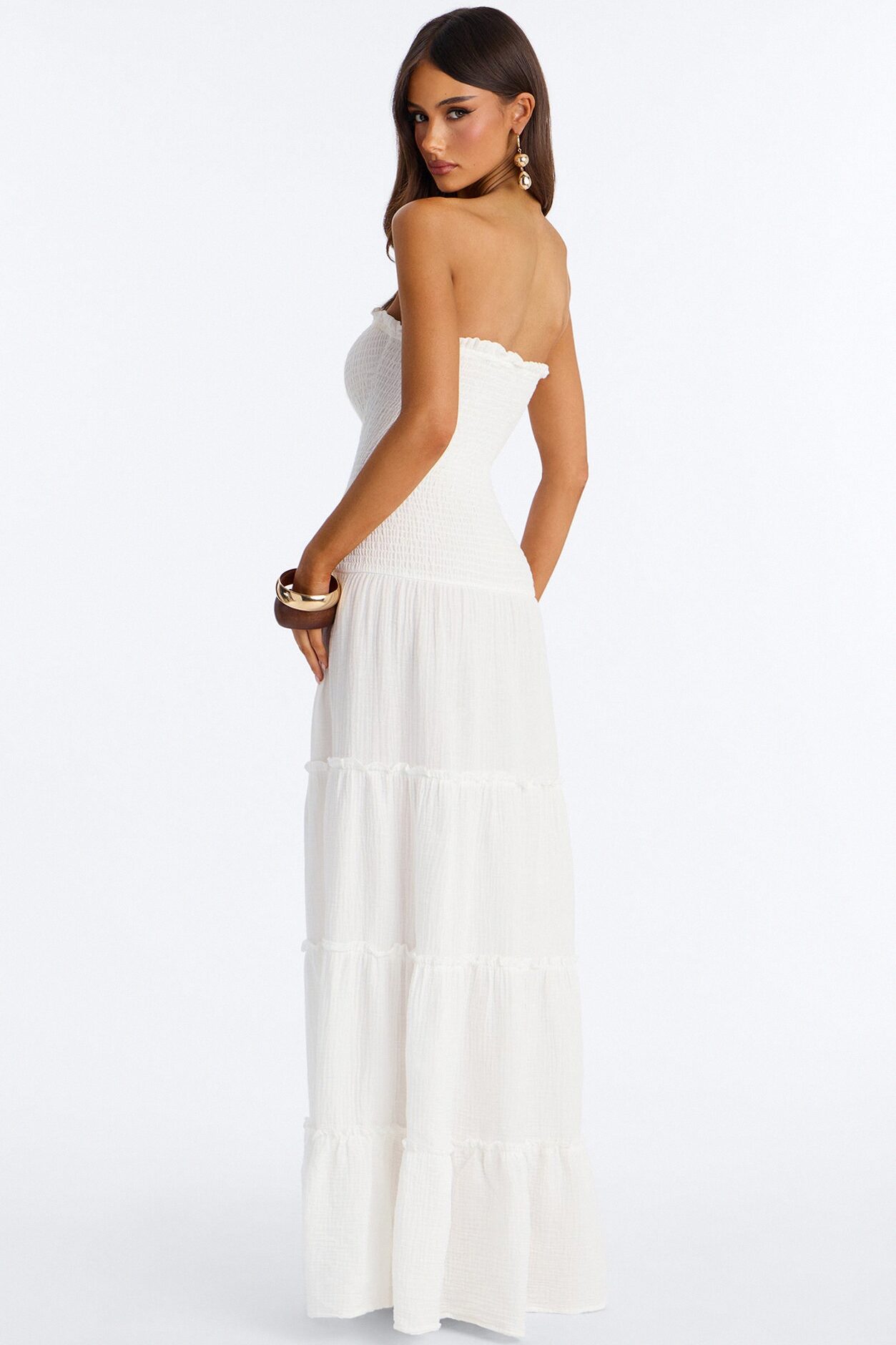 Kellie Smocked Drop Waist Maxi Dress - White