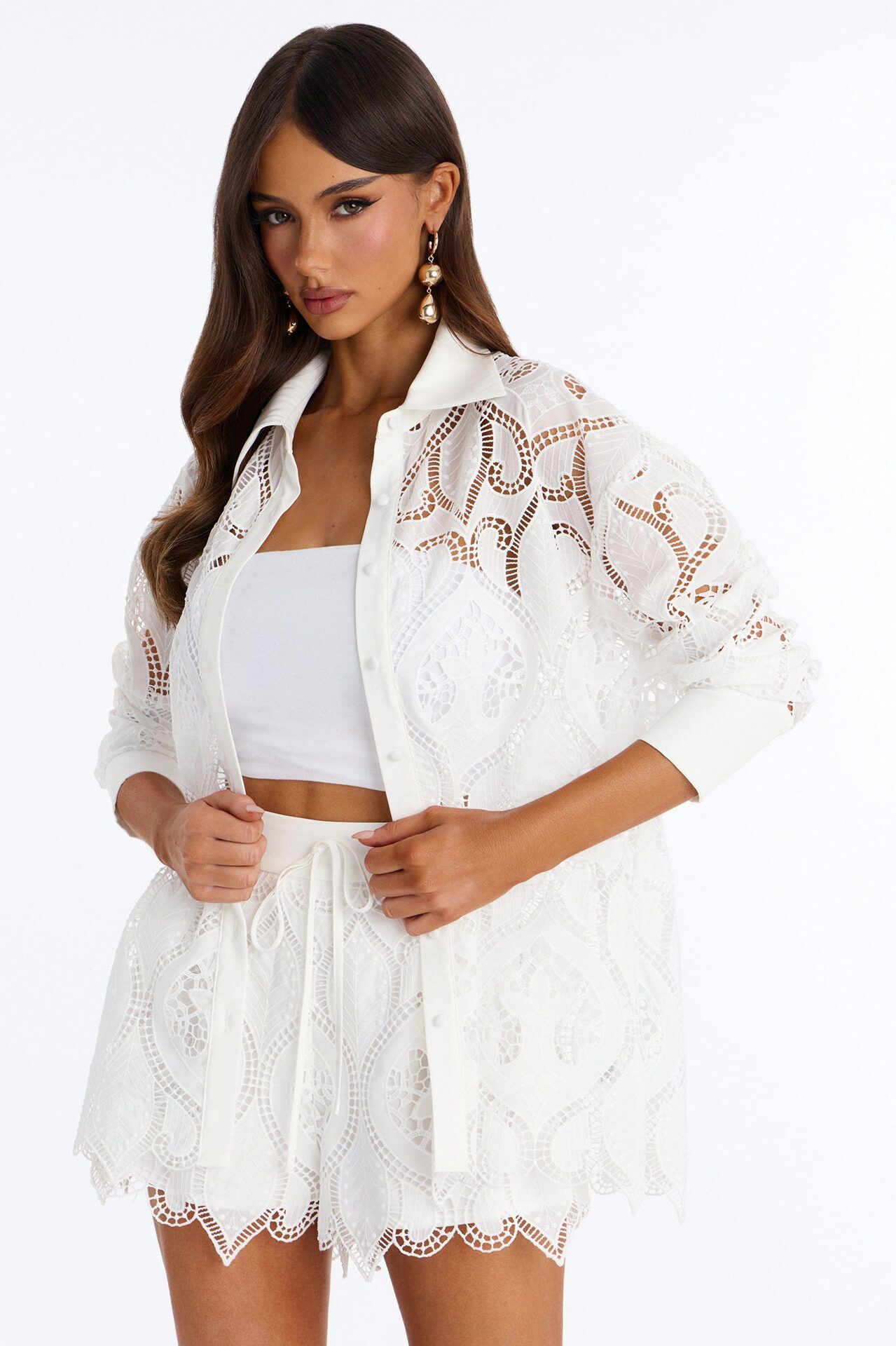 Paige Eyelet Long Sleeve Short Set - White