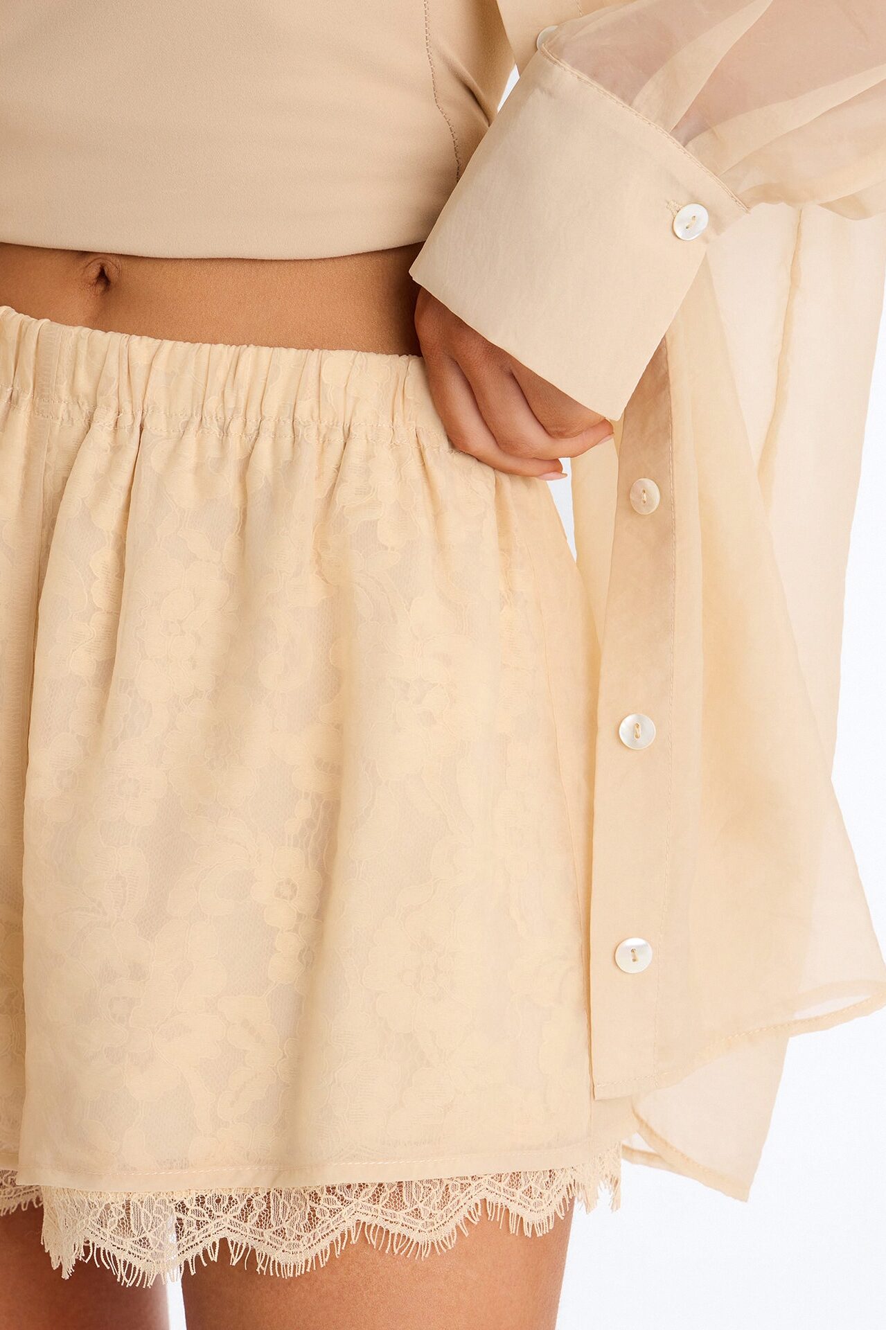 Chiffon Chic Lace Detail Short Set - Cream