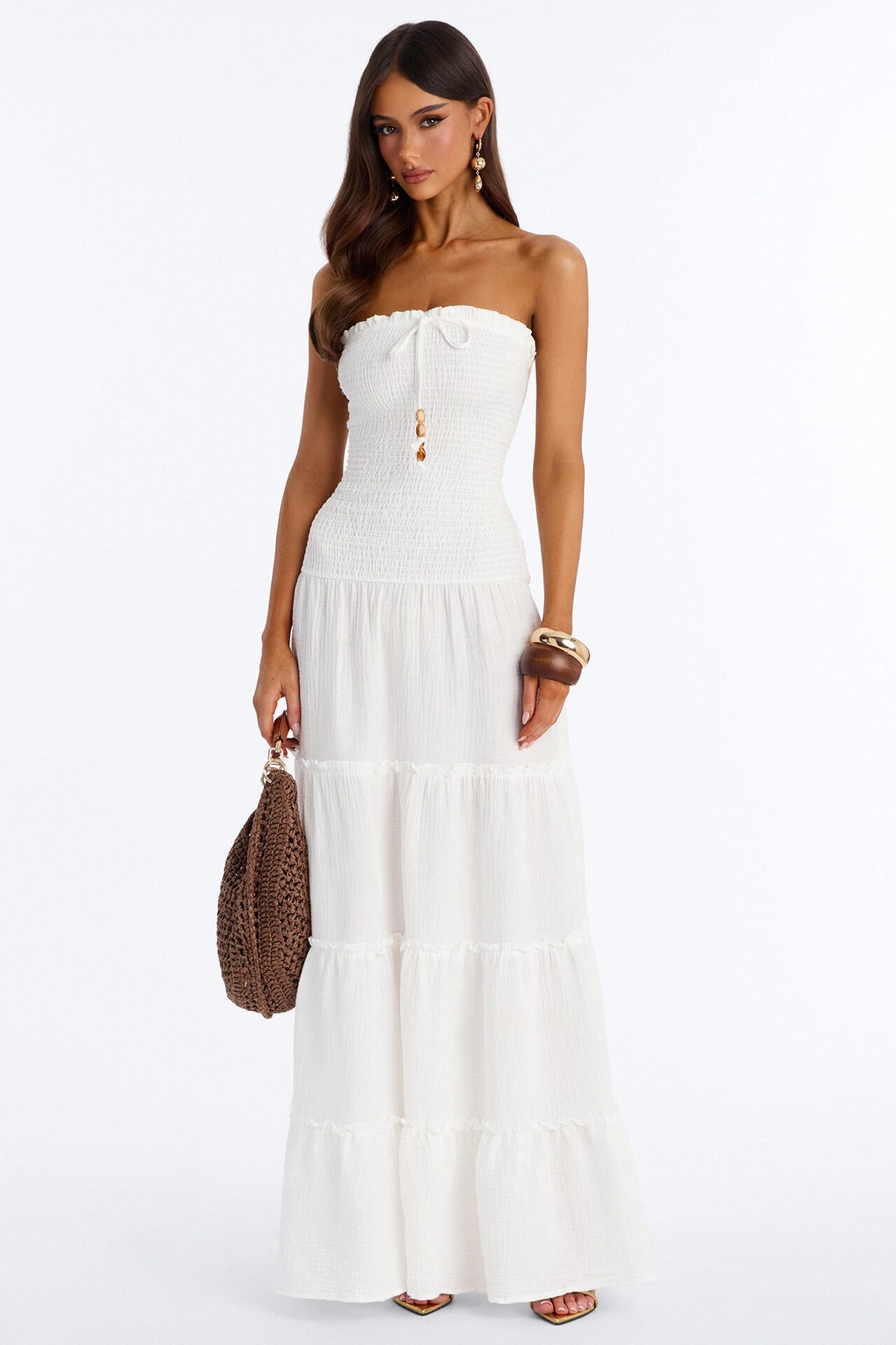 Kellie Smocked Drop Waist Maxi Dress - White
