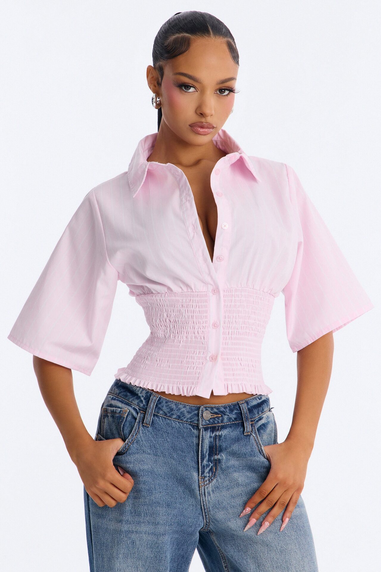 Mckenna Smocked Pinstripe Poplin Shirt - Pink/combo