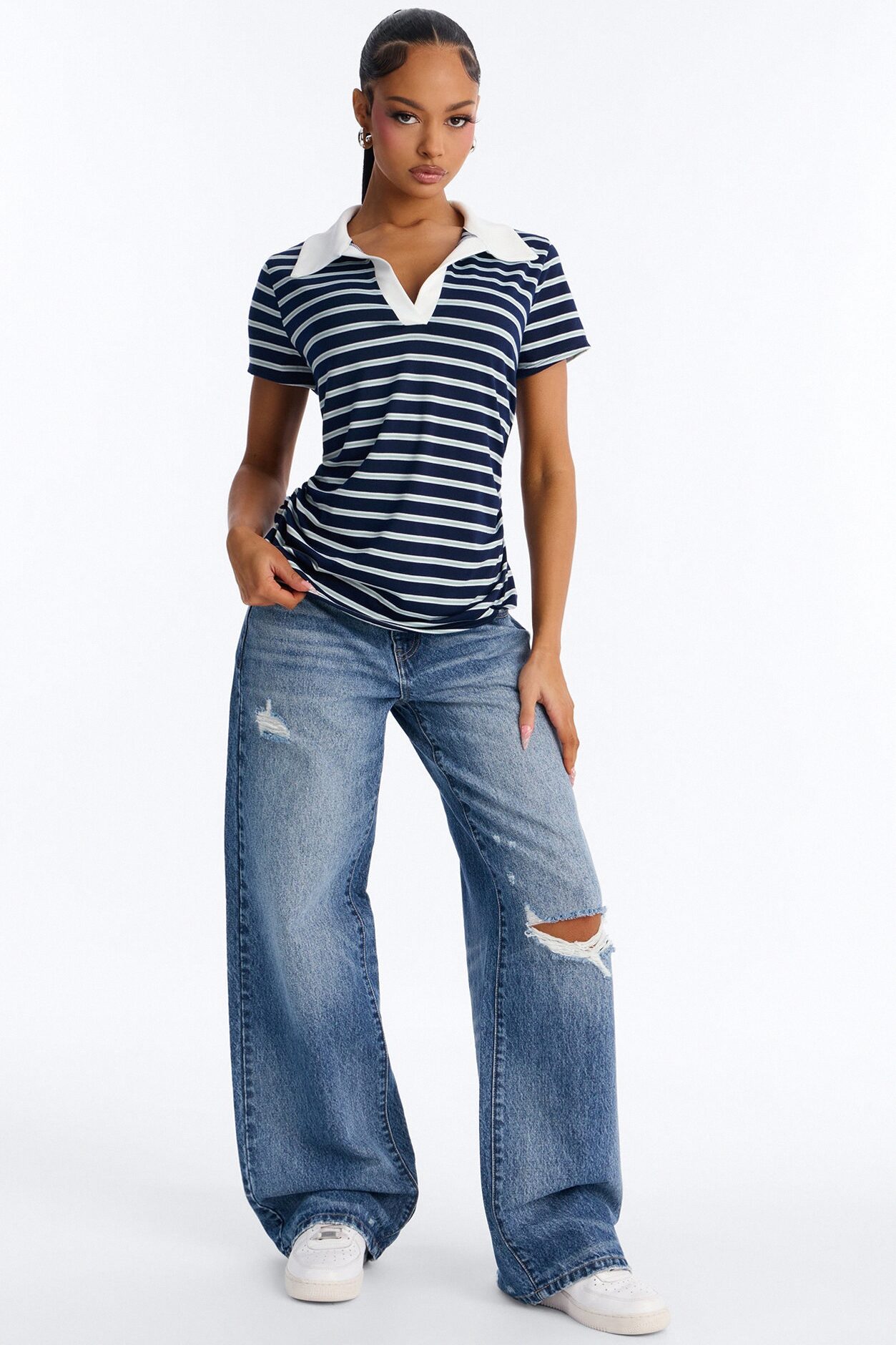Leena Striped Short Sleeve Polo Top - Navy/combo