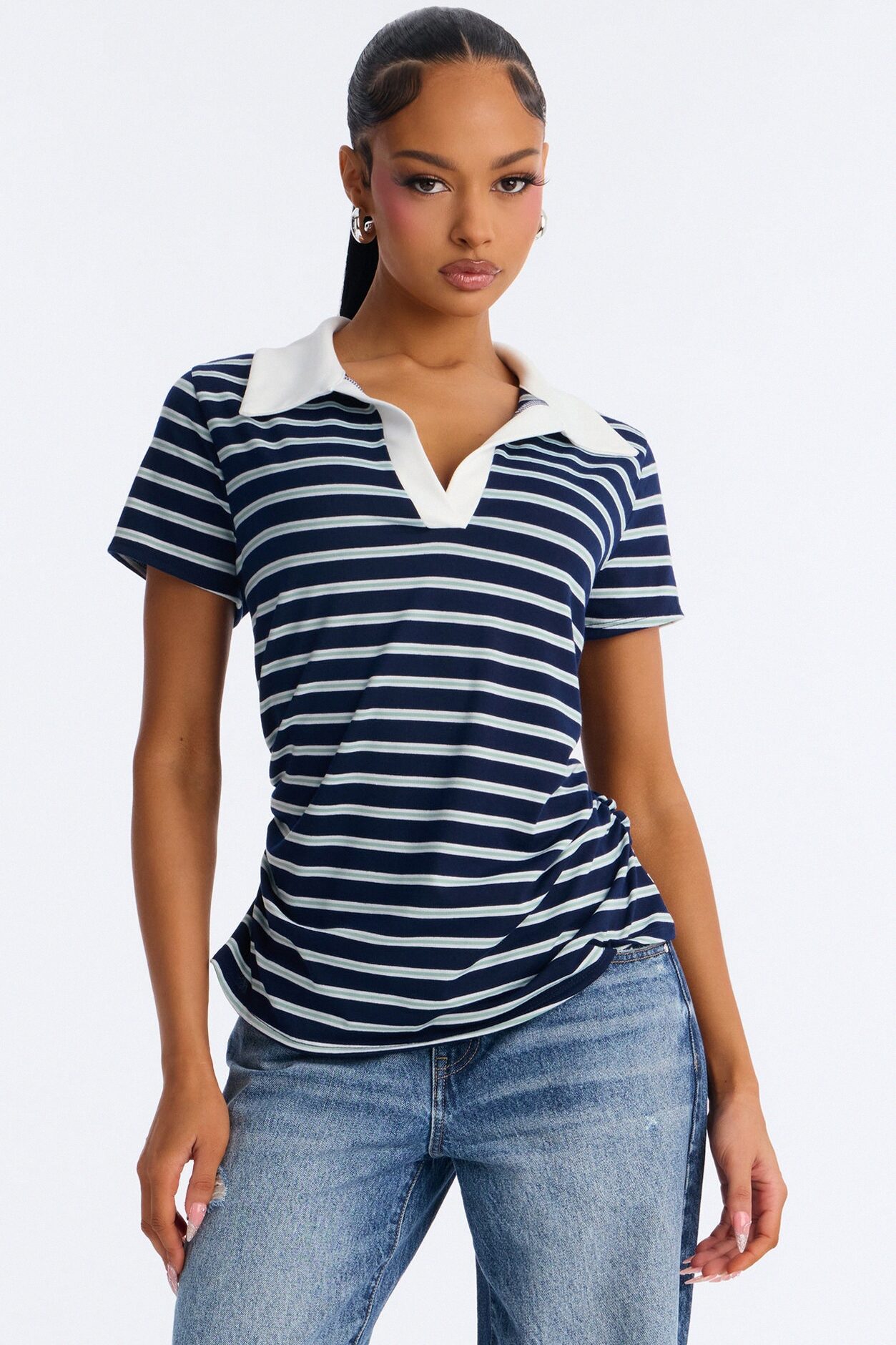 Leena Striped Short Sleeve Polo Top - Navy/combo