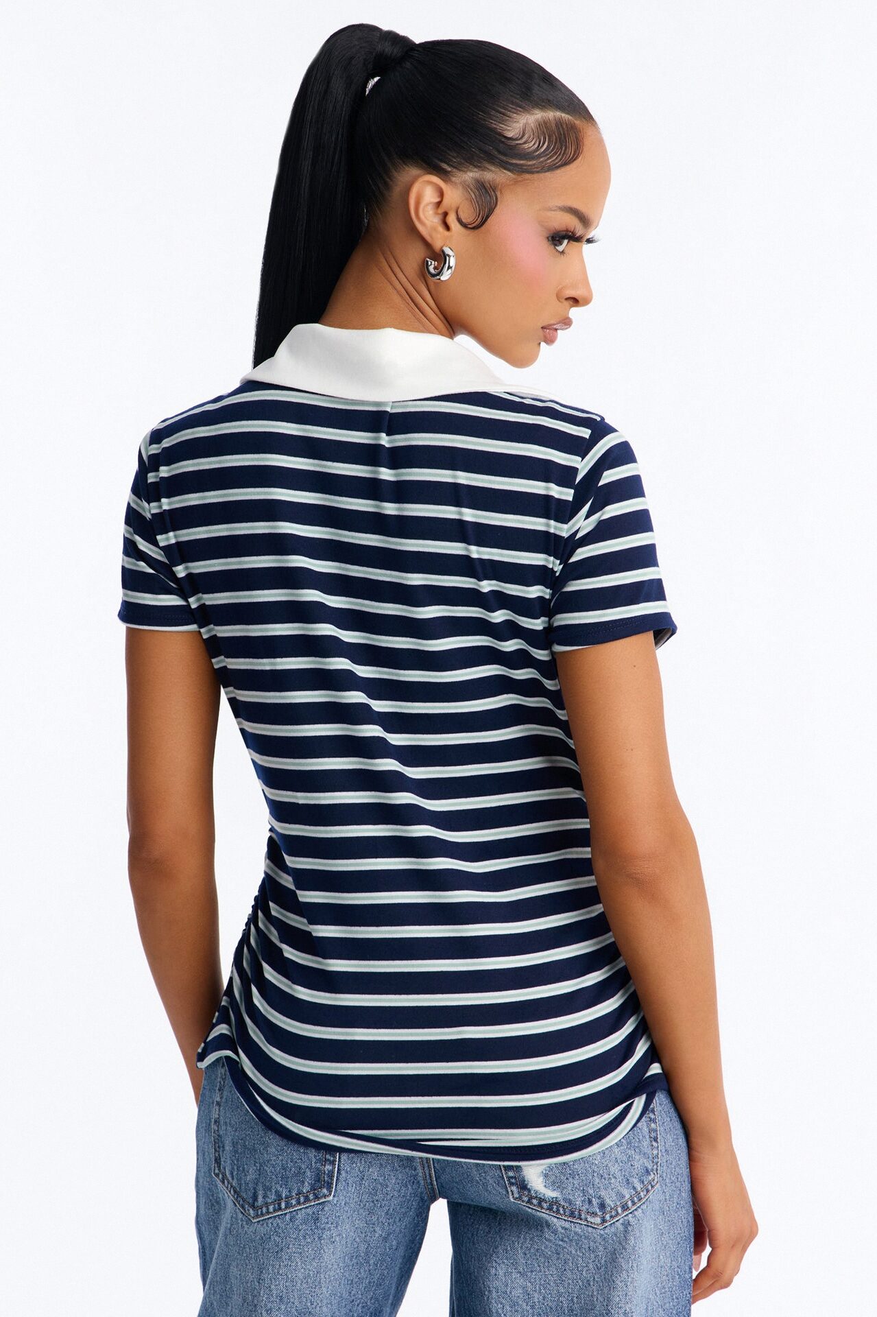 Leena Striped Short Sleeve Polo Top - Navy/combo