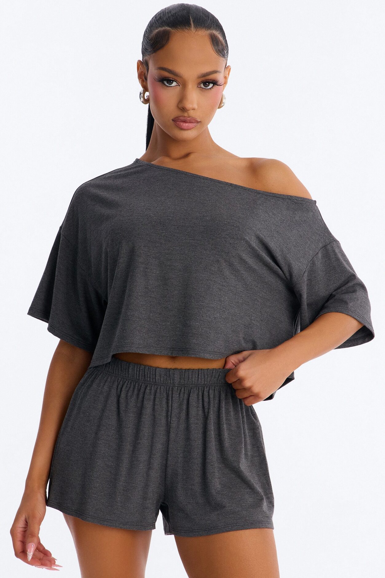 Bailey Off Shoulder Short Set - Charcoal