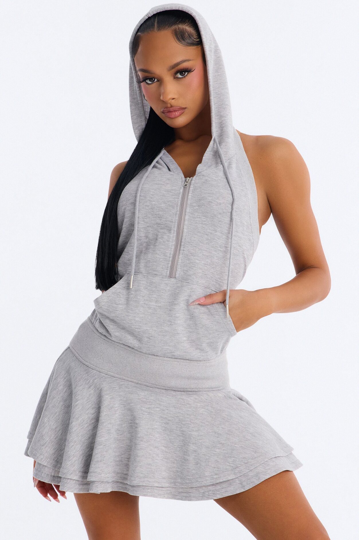 On The Go Hoodie Sweater Micro Mini Dress - HeatherGrey