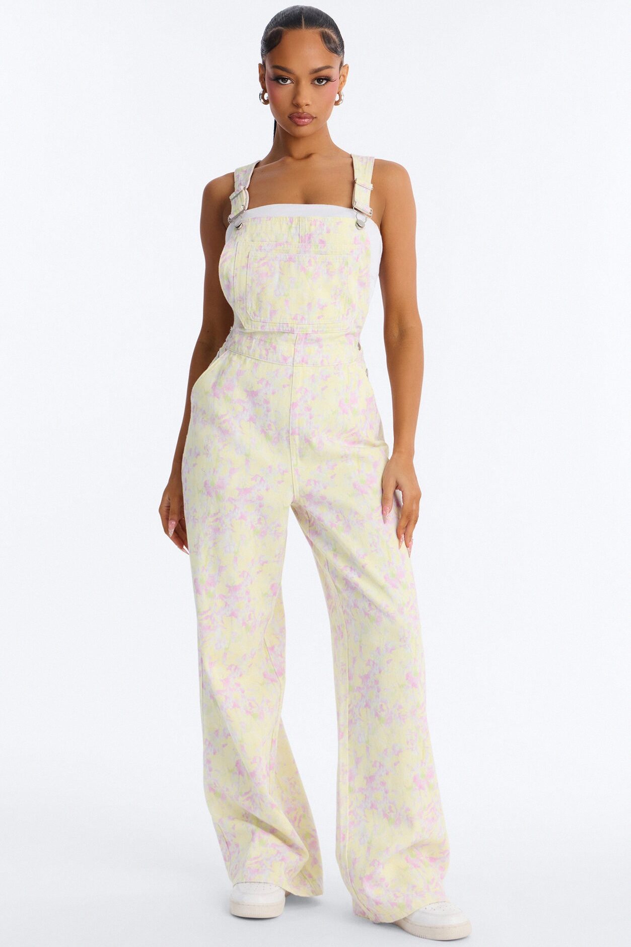 In The Garden Floral Print Denim Overalls - Yellow/combo
