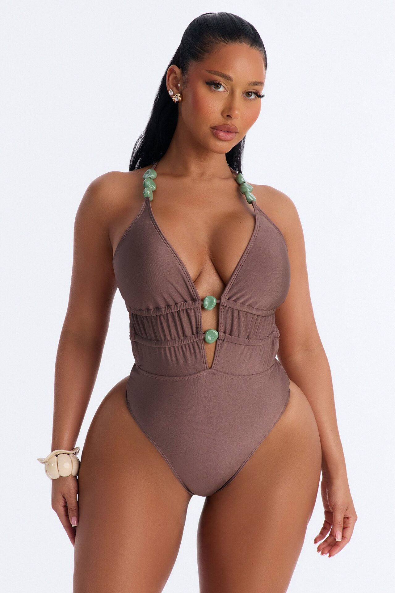 Nyla 1 Piece Beaded Plunge Neck Swimsuit - Brown
