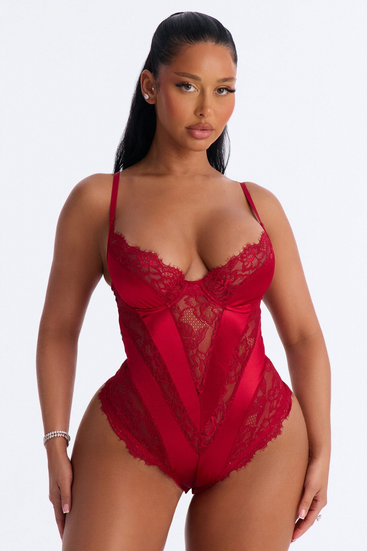 Sophie Lace Panel Underwire Thong Teddy - Wine