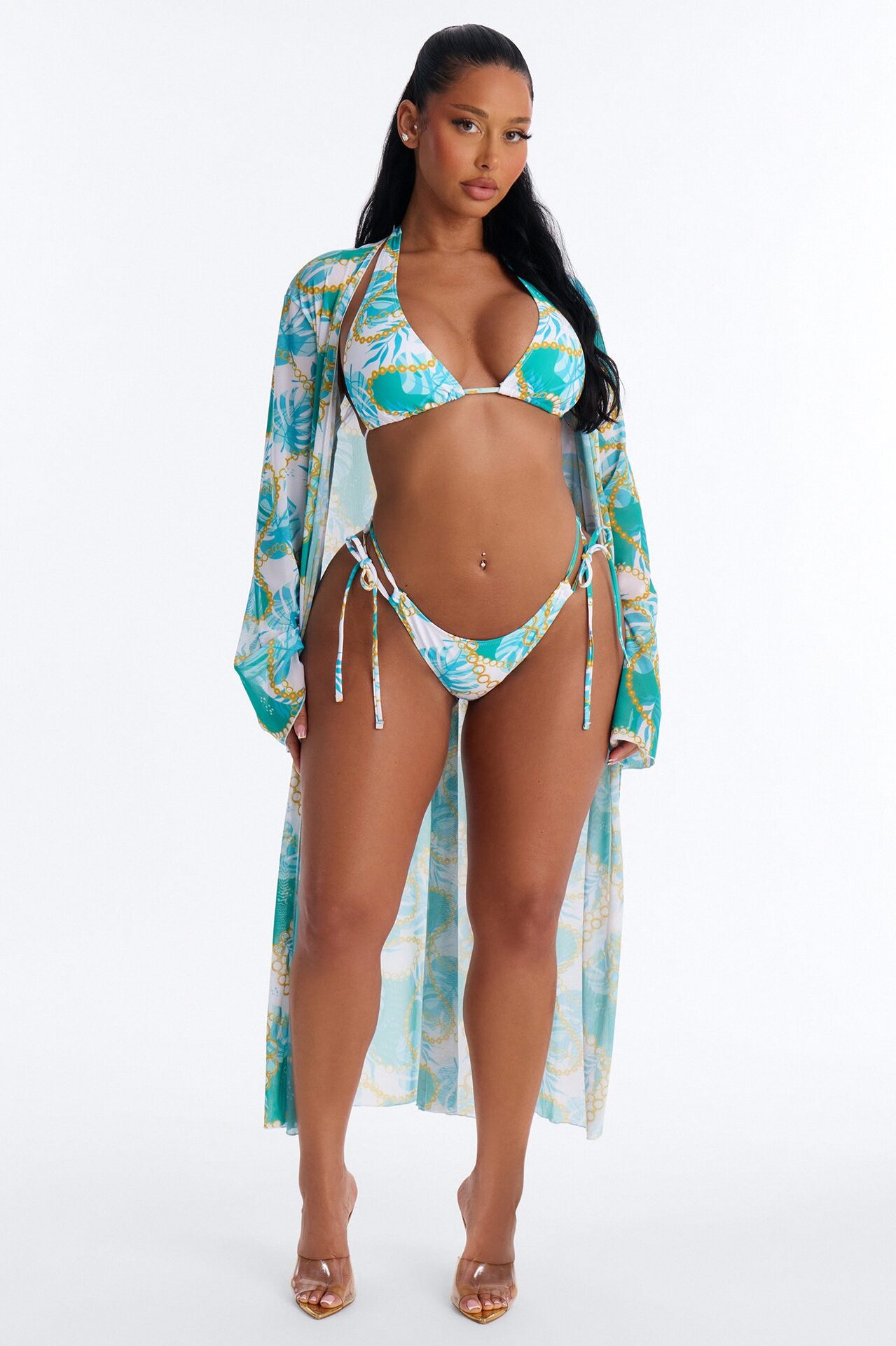 Get On My Wave 3 Piece Tropical Bikini & Cover Up Maxi Kimono Sunsuit - Mint