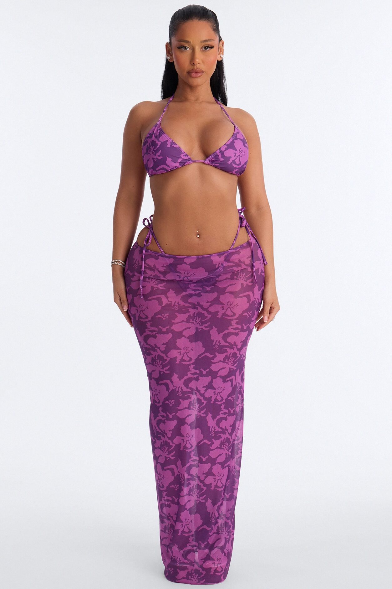 Mirella 3 Piece Floral Triangle Bikini & Cover Up Skirt Sunsuit - Purple