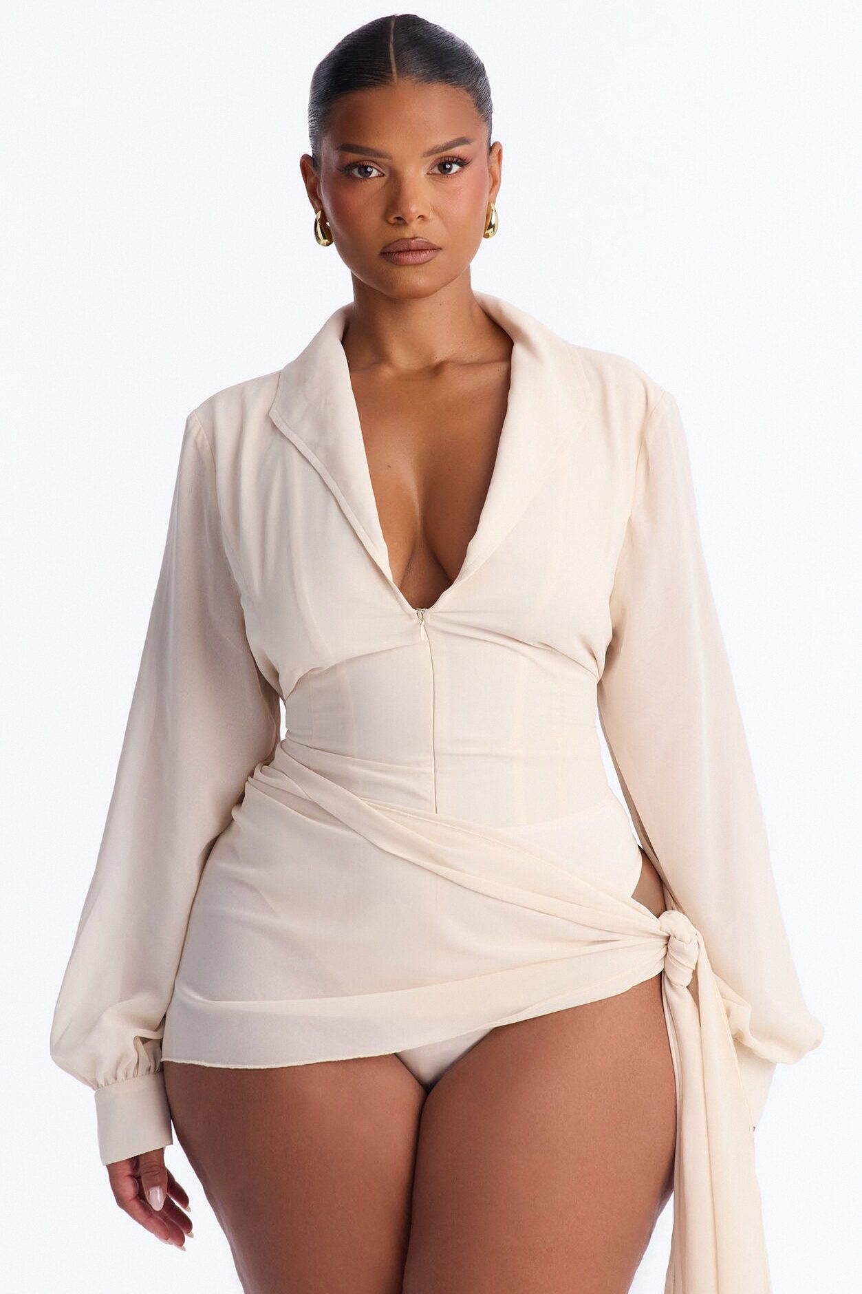 She Defines Chic Lace Up Chiffon Bodysuit - Cream