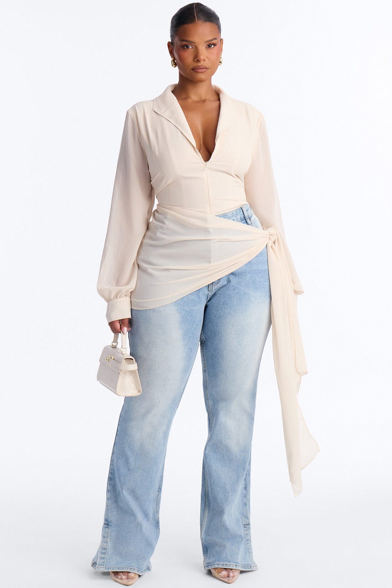 She Defines Chic Lace Up Chiffon Bodysuit - Cream