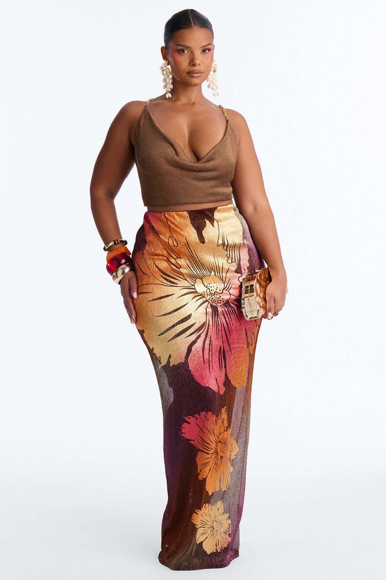 Addison Metallic Floral Maxi Skirt - Rust/combo
