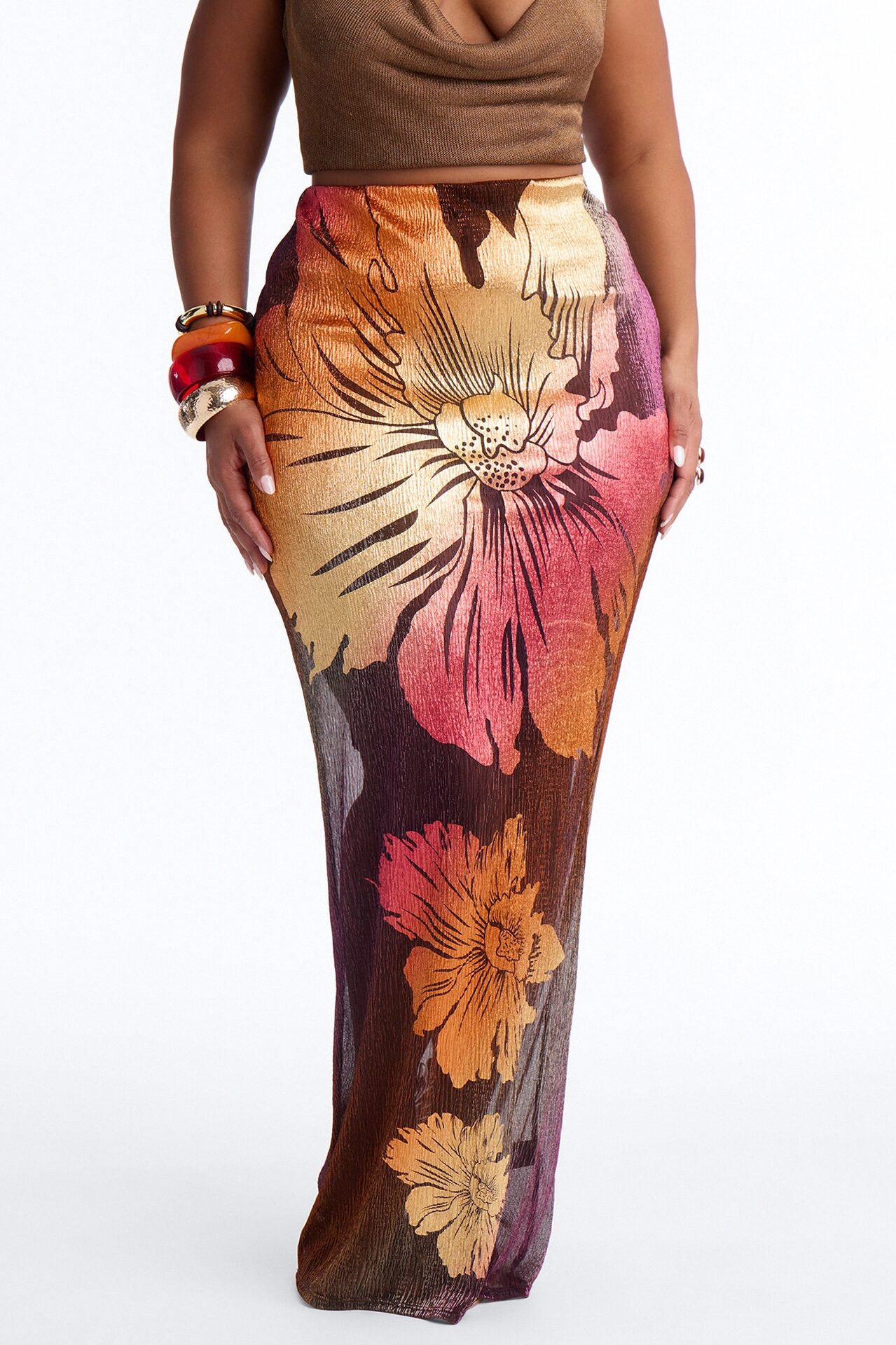 Addison Metallic Floral Maxi Skirt - Rust/combo