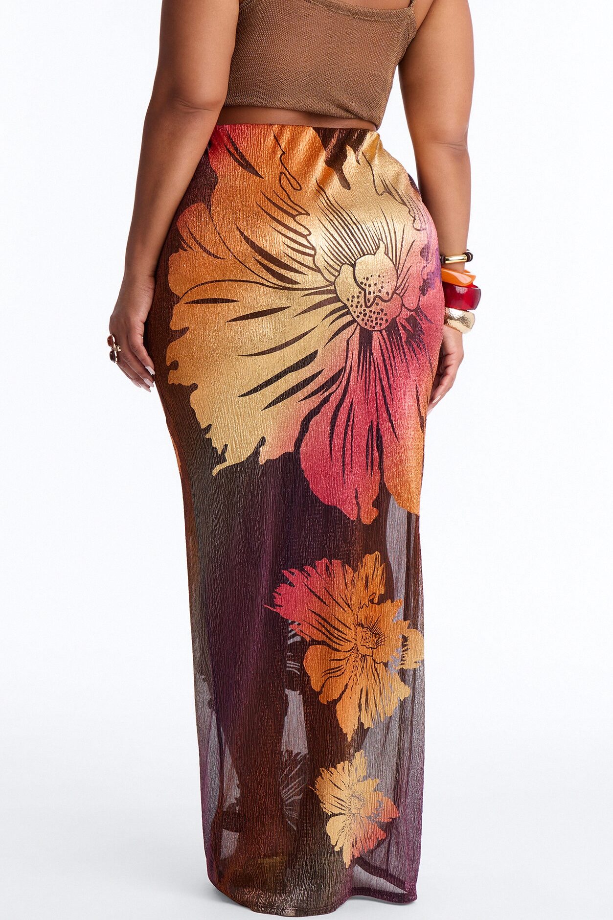 Addison Metallic Floral Maxi Skirt - Rust/combo