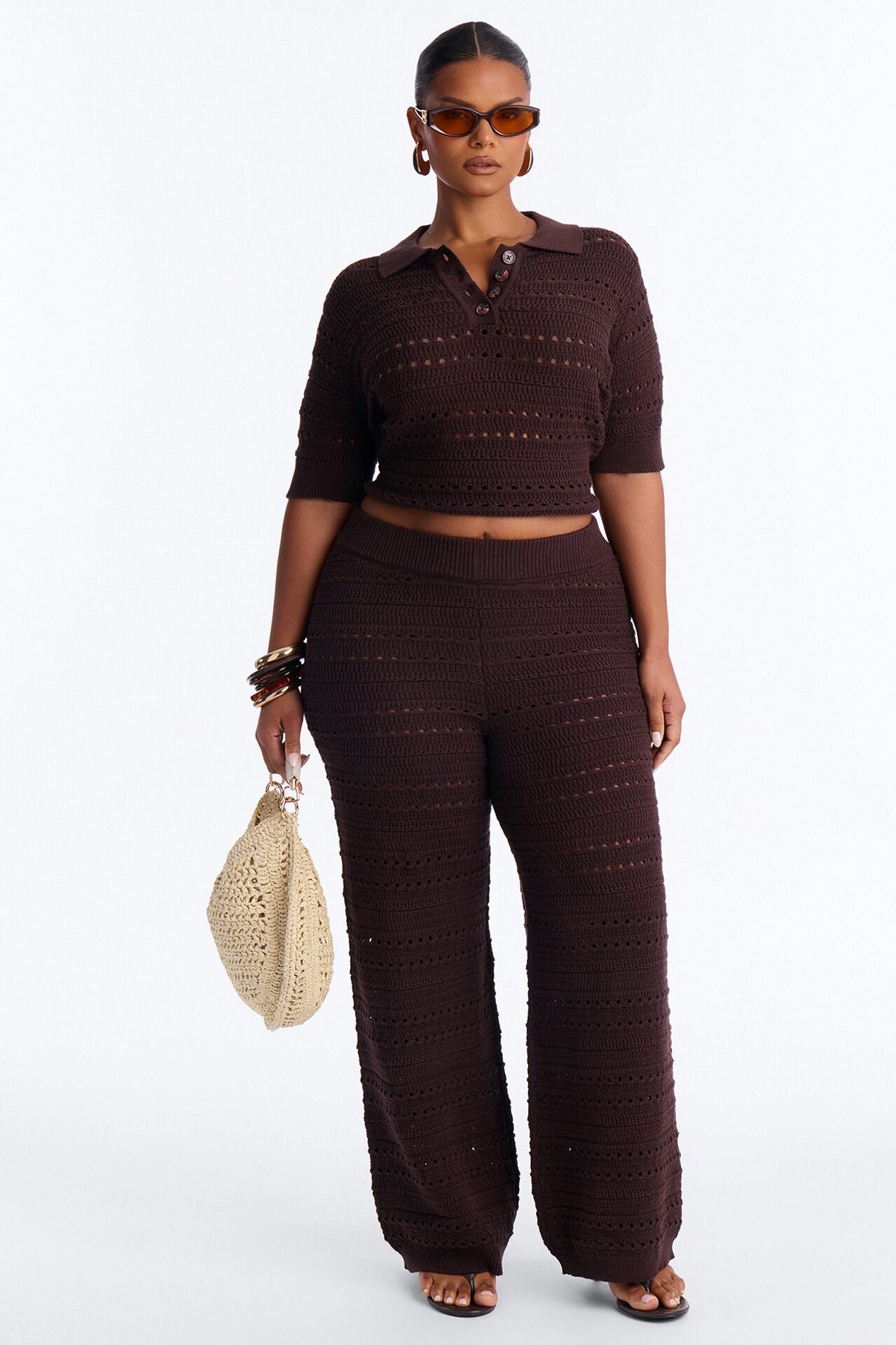Riley Polo Crochet Pant Set - Chocolate