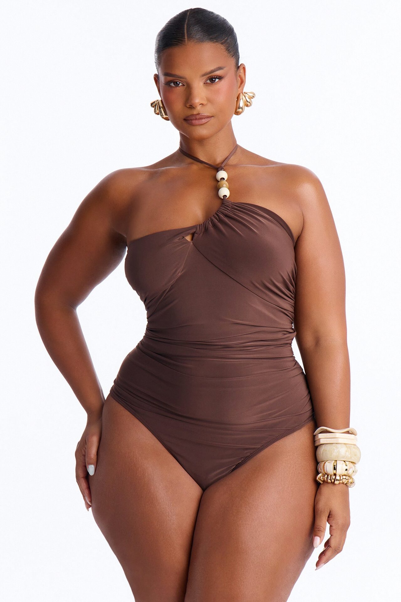 Island Tours Beaded Asymmetrical Halter Bodysuit - Chocolate