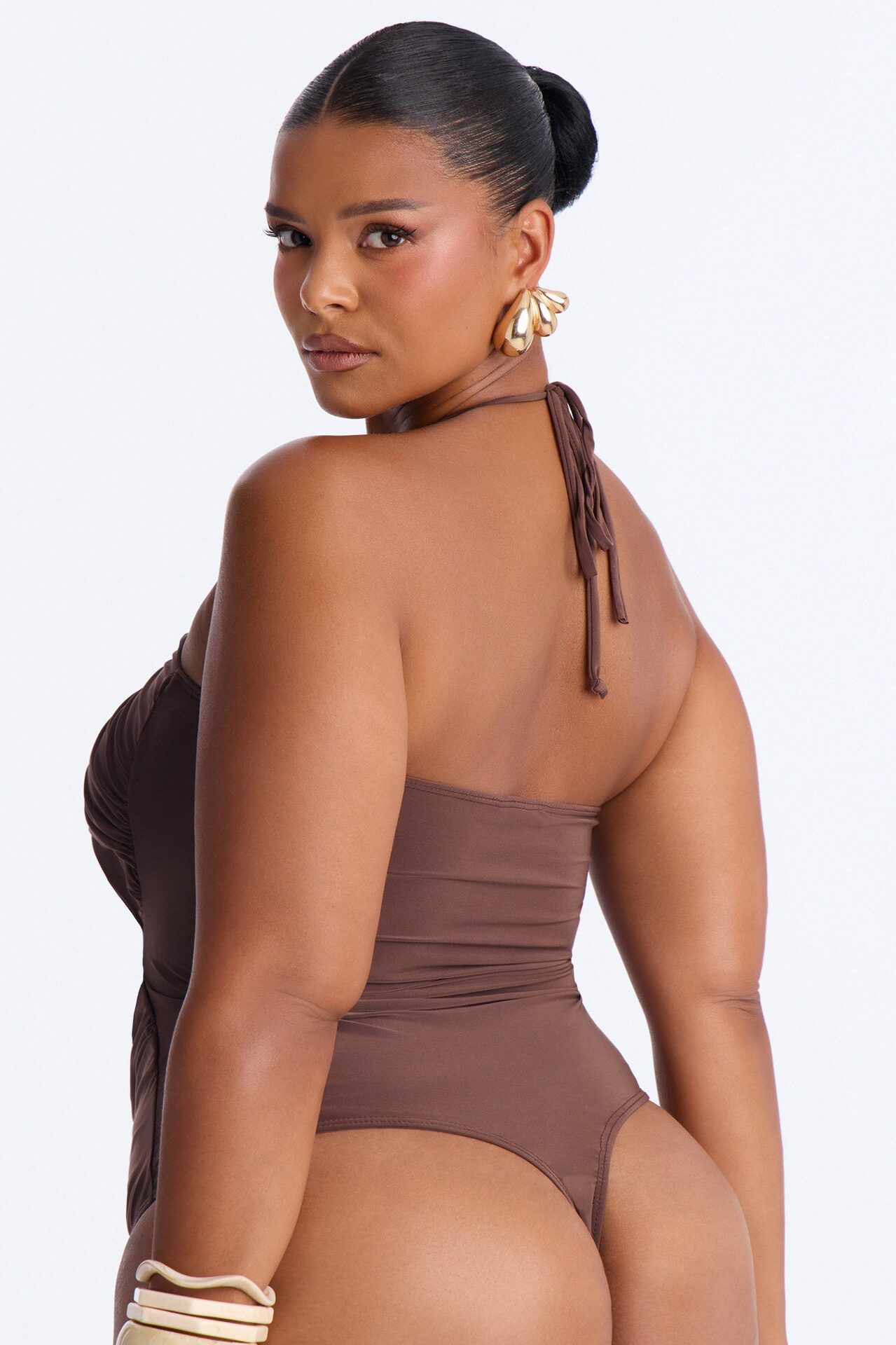 Island Tours Beaded Asymmetrical Halter Bodysuit - Chocolate