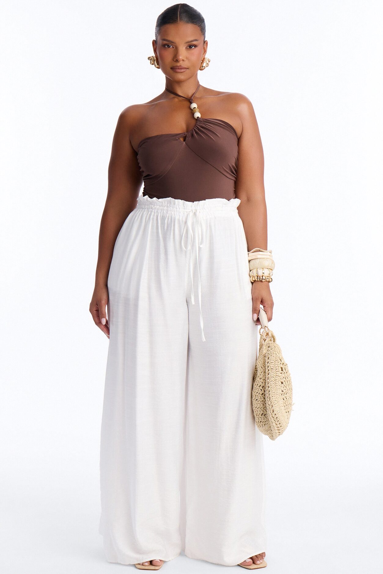 Island Tours Beaded Asymmetrical Halter Bodysuit - Chocolate
