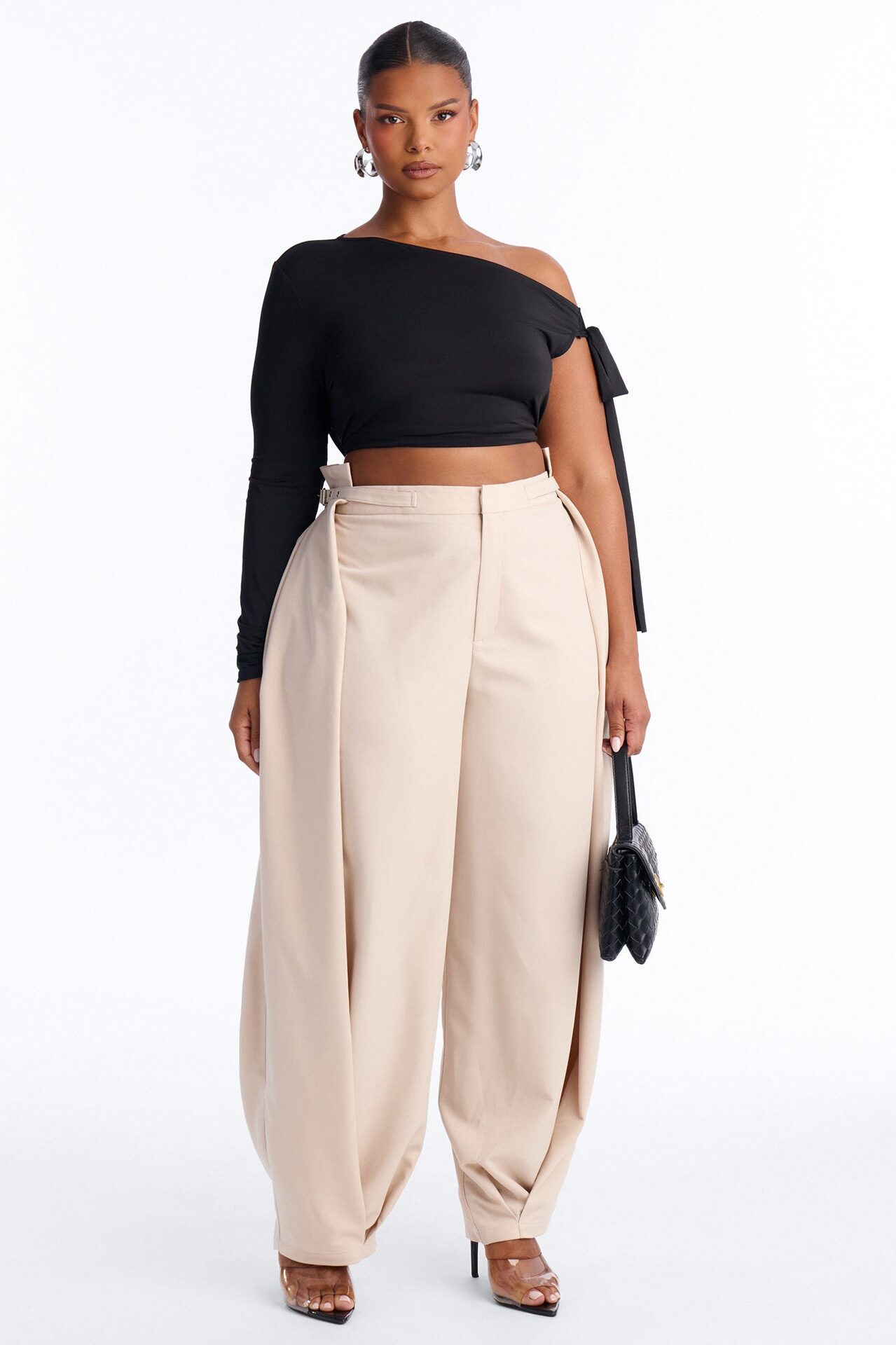 Bethany Side Buckled Large Pleated Barrel Leg Trouser - Beige
