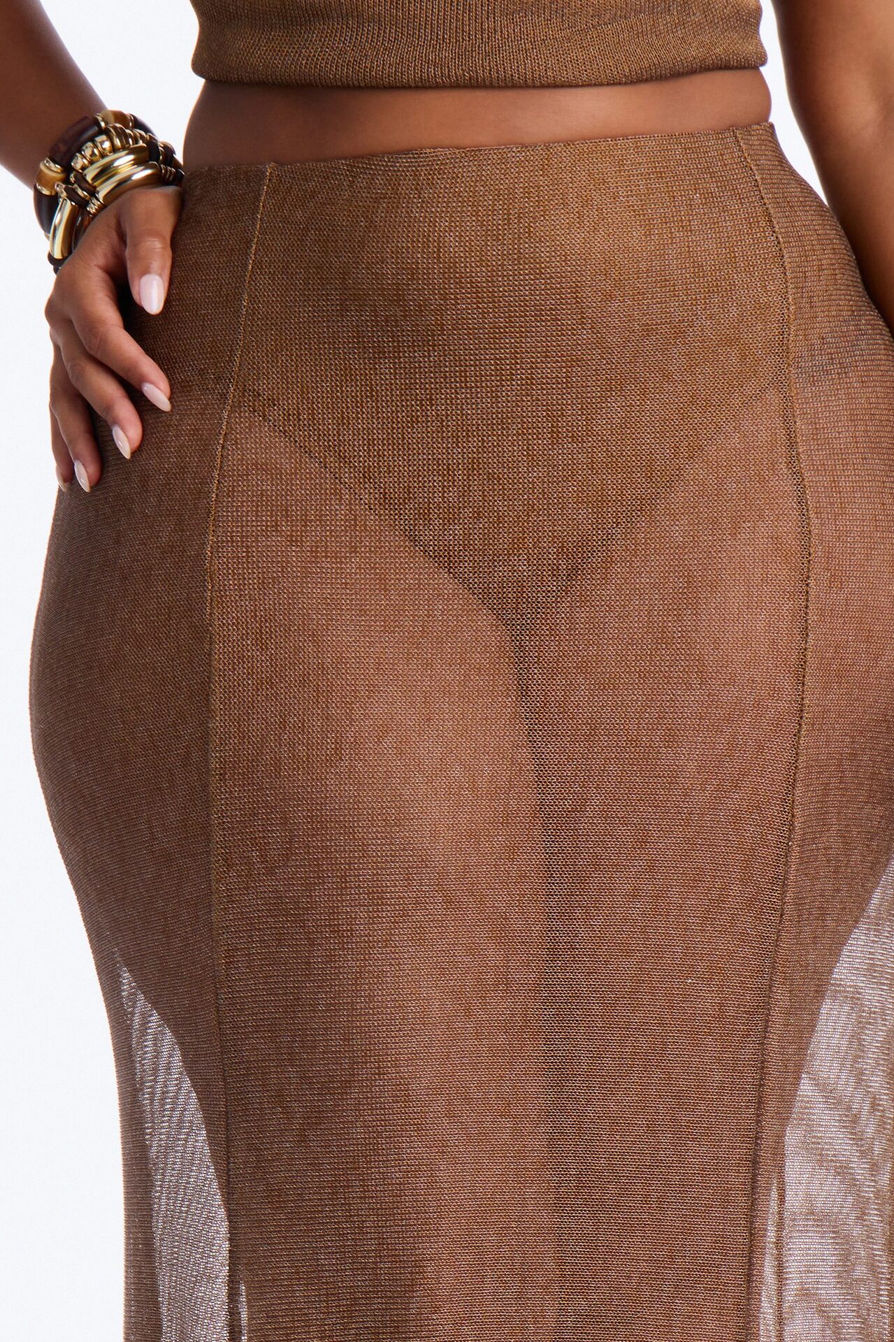 Vacation Goddess Metallic Knit Maxi Skirt - Bronze
