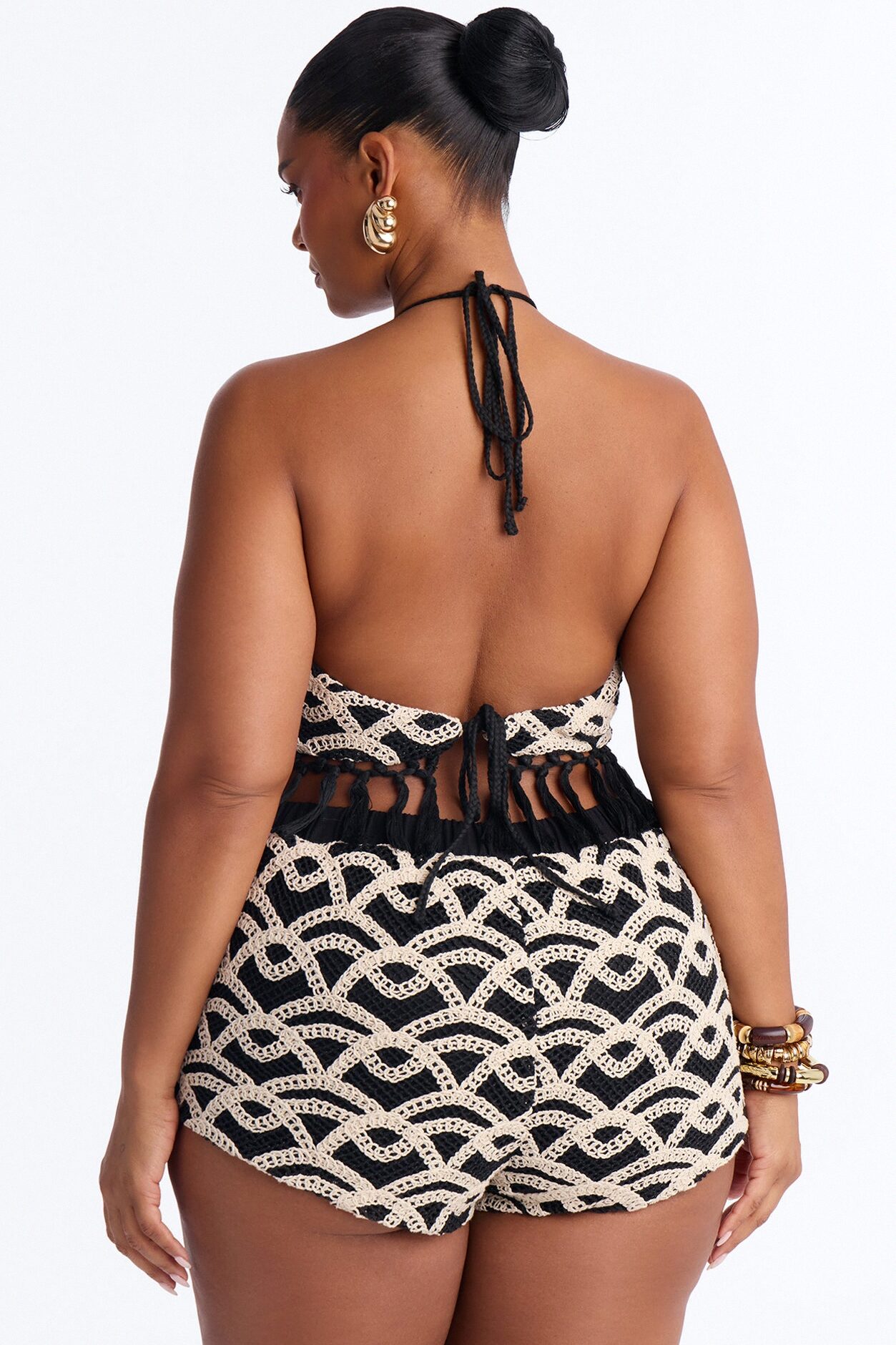Mara Crochet Fringe Short Set - Black/White