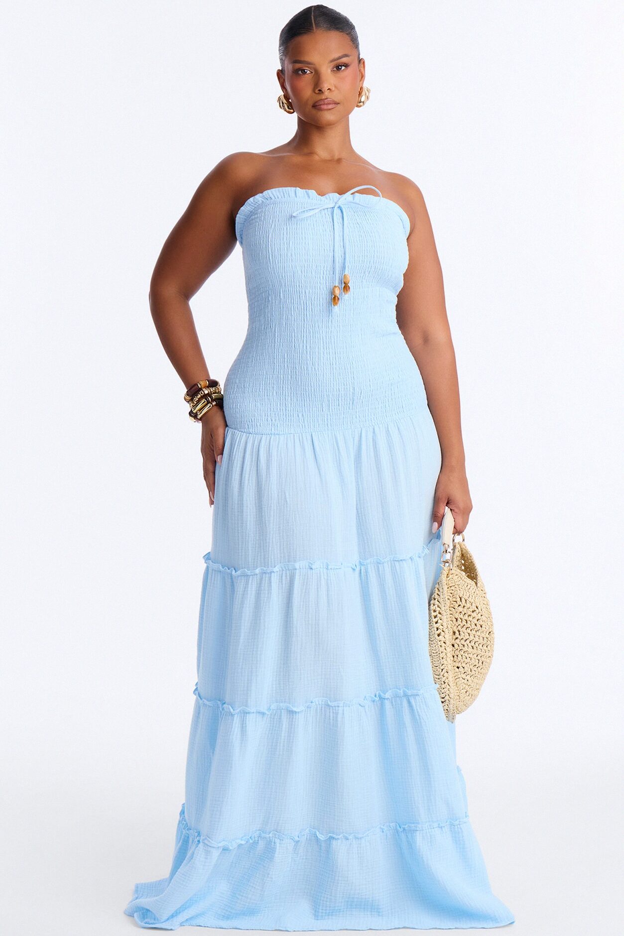 Kellie Smocked Drop Waist Maxi Dress - Light Blue