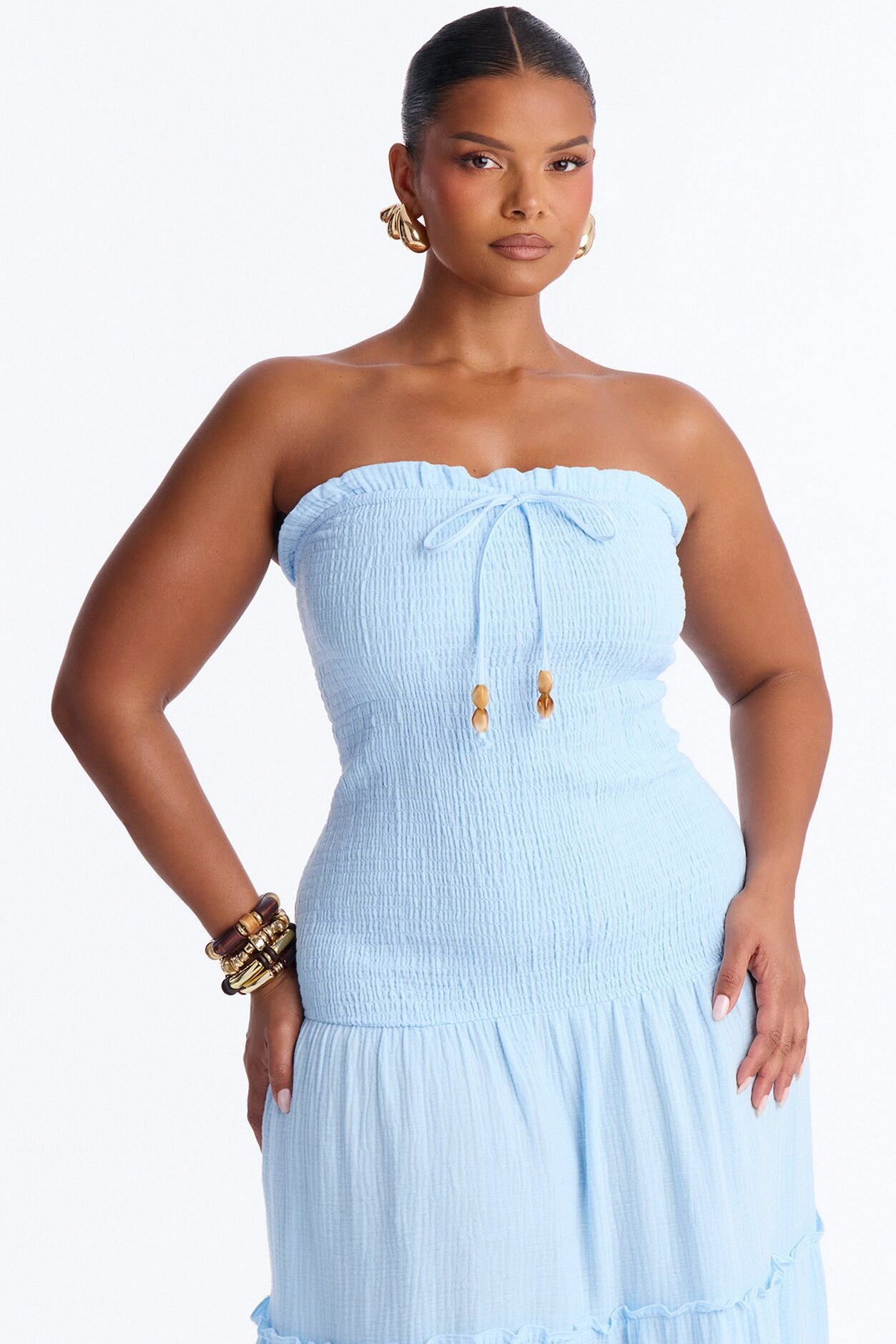 Kellie Smocked Drop Waist Maxi Dress - Light Blue