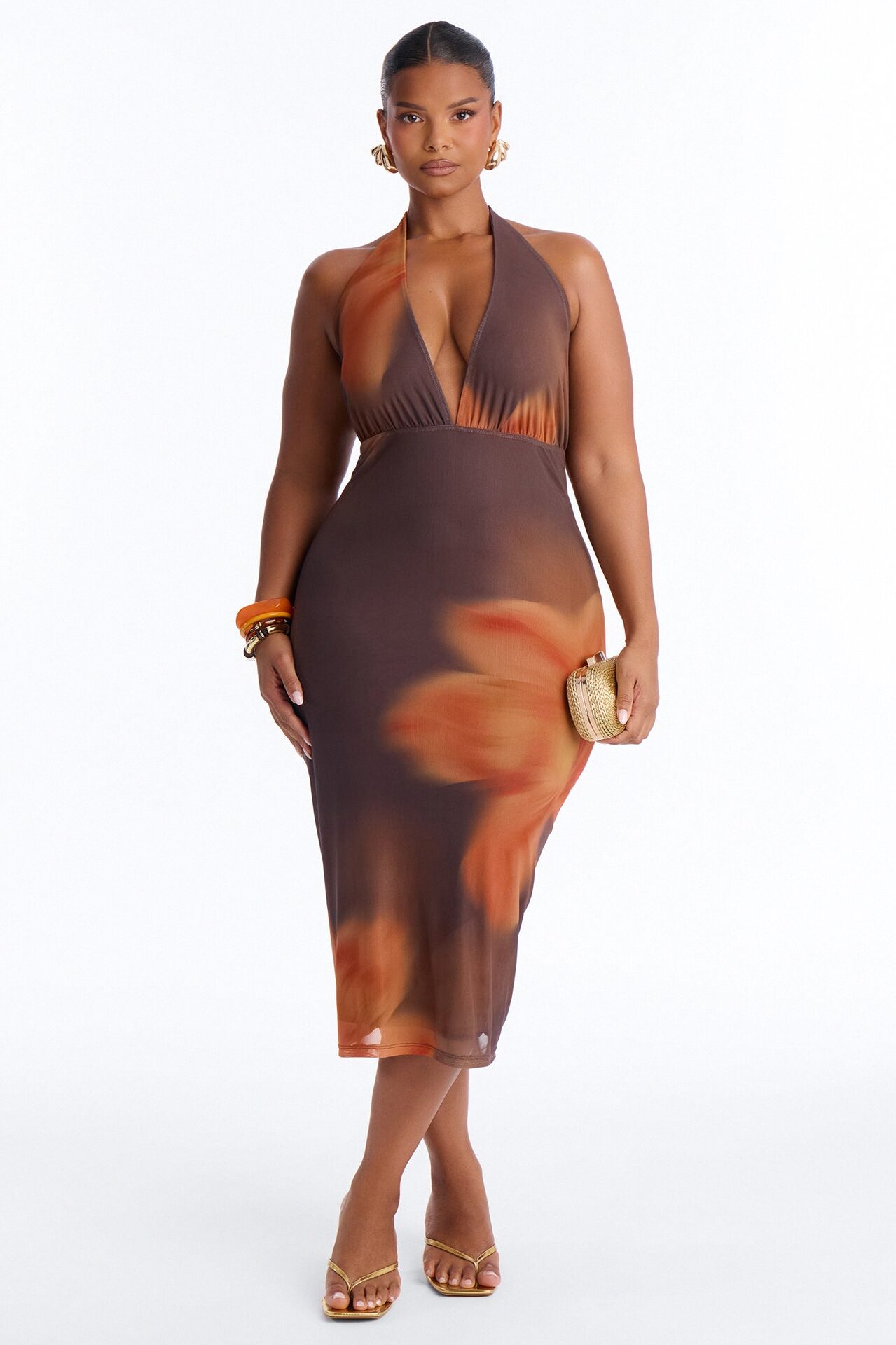 Antonia Floral Mesh Midi Dress - Brown/combo