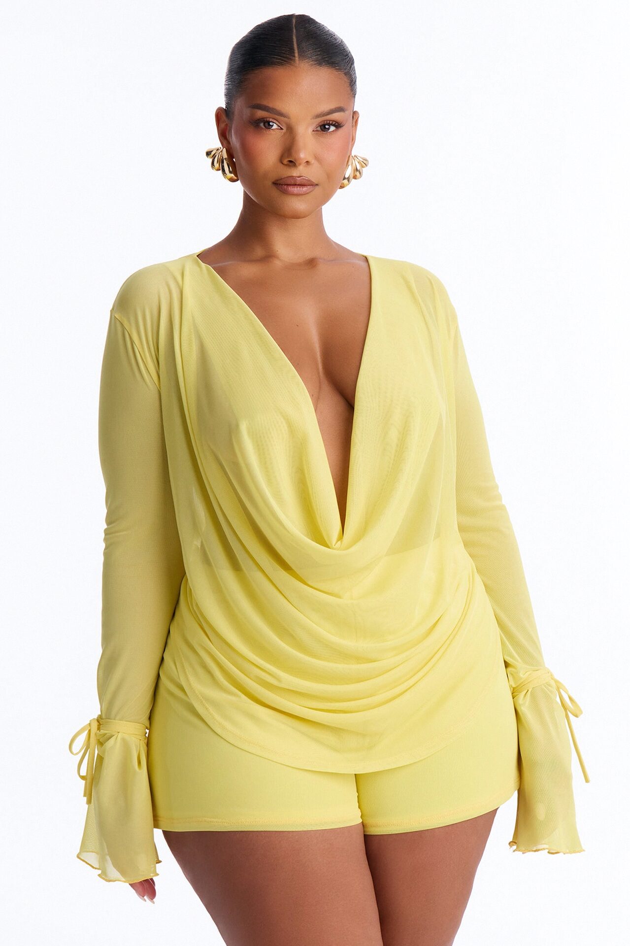Ysabel Cowl Neck Mesh Short Set - Yellow