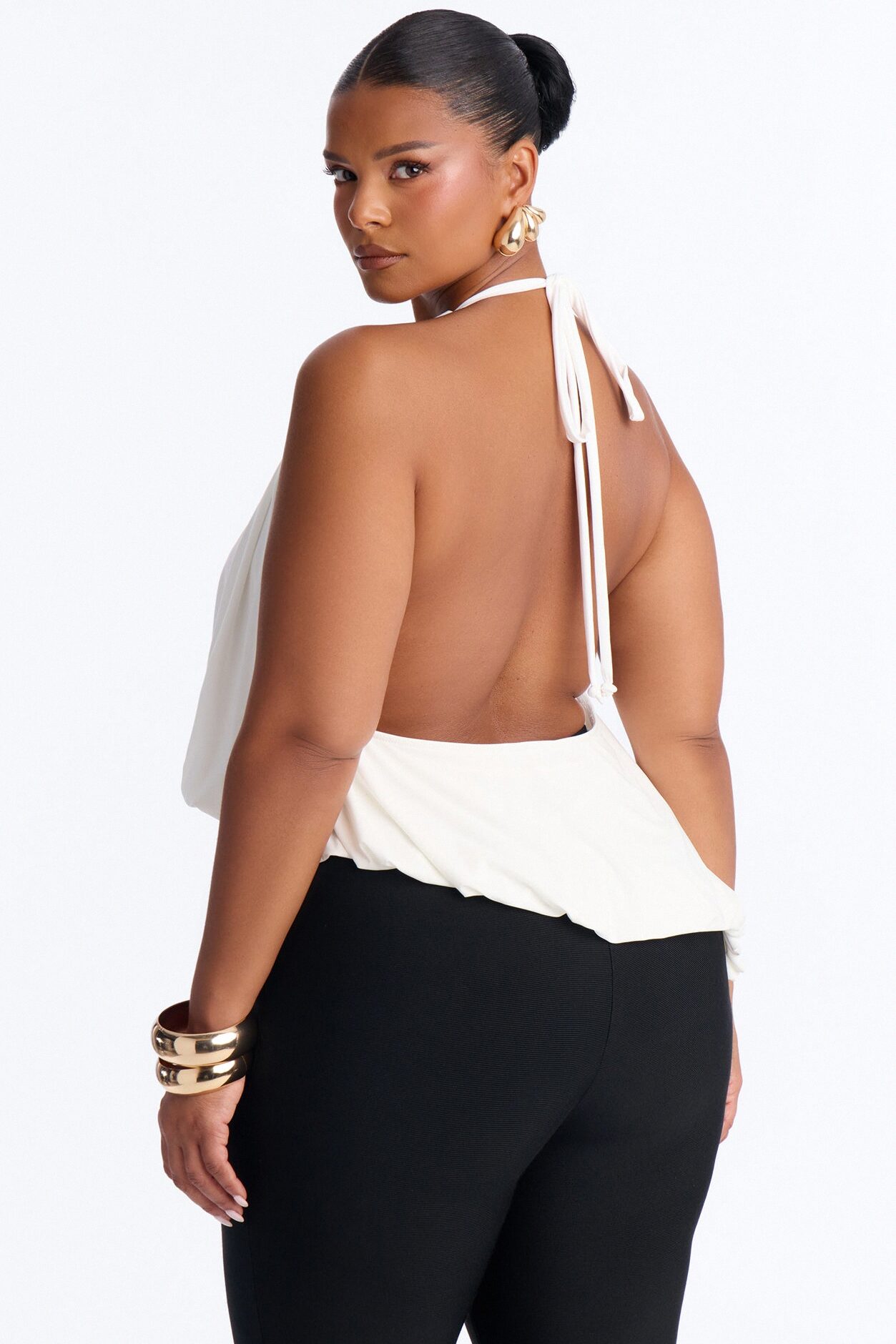 Selena Ruched Asymmetrical Halter Top - White