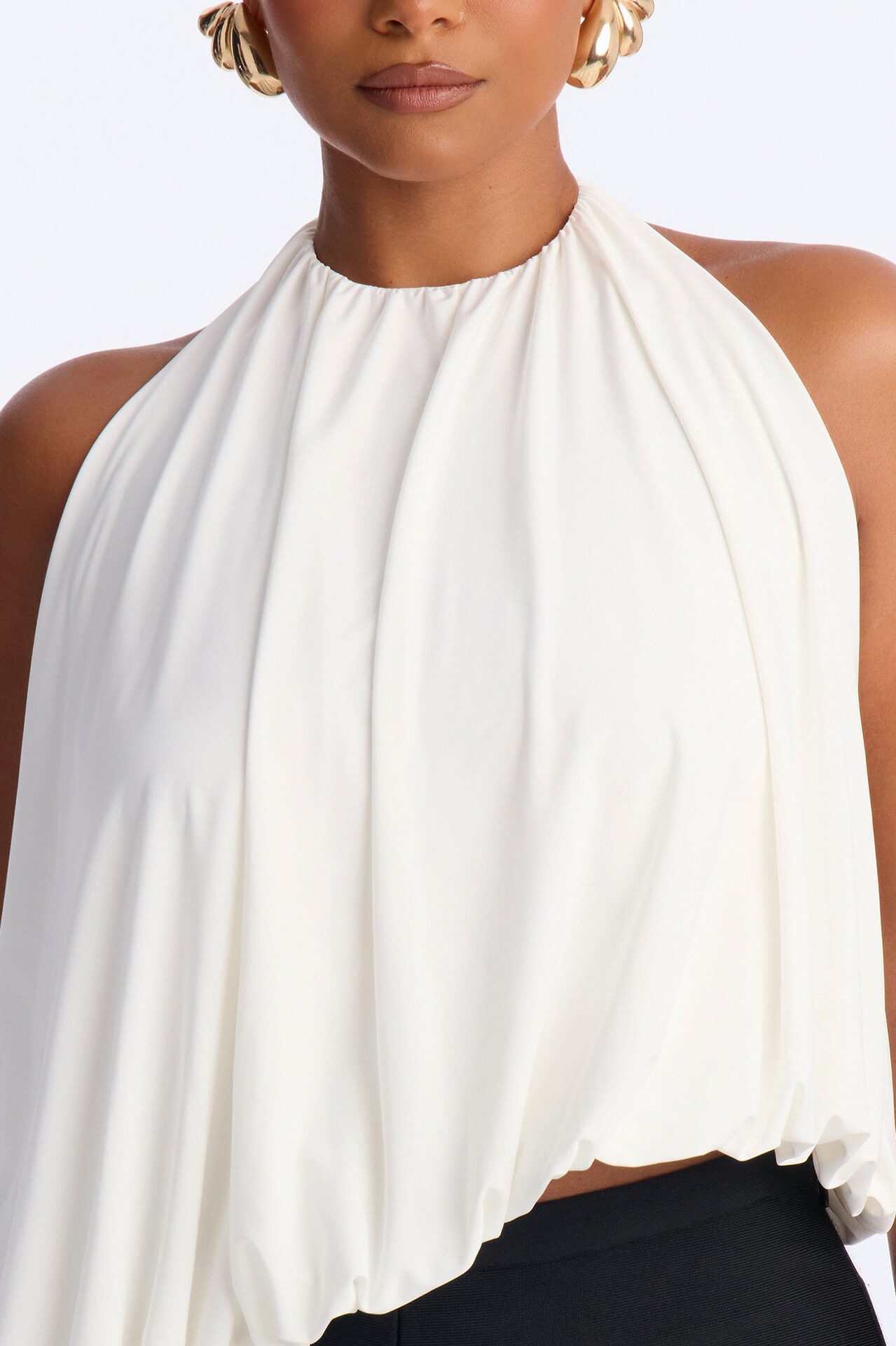 Selena Ruched Asymmetrical Halter Top - White