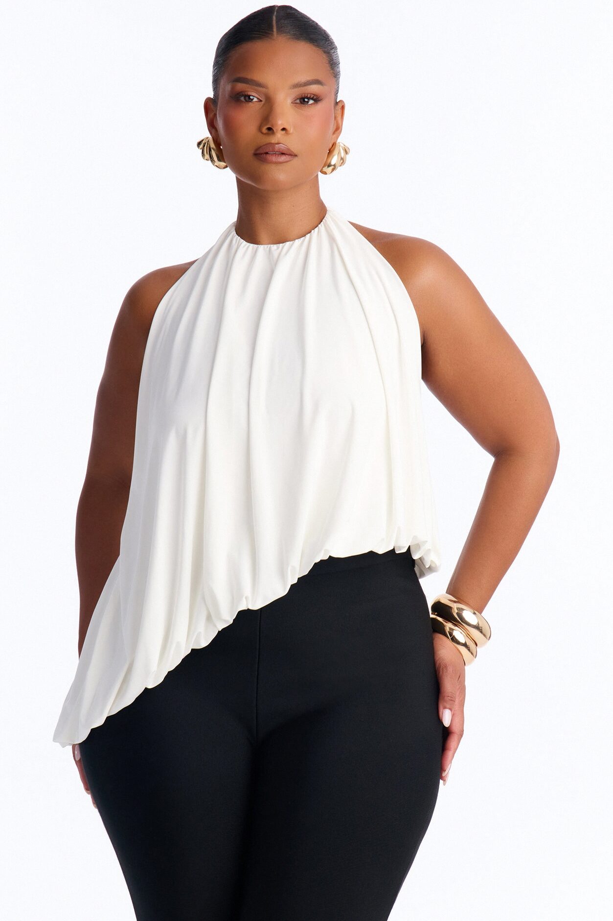 Selena Ruched Asymmetrical Halter Top - White