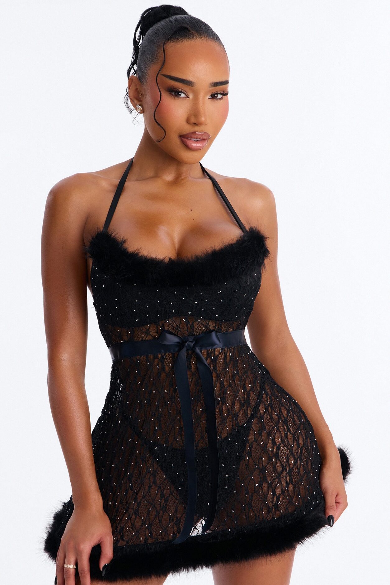 Luna Rhinestone Stretch Lace Marabou Babydoll - Black