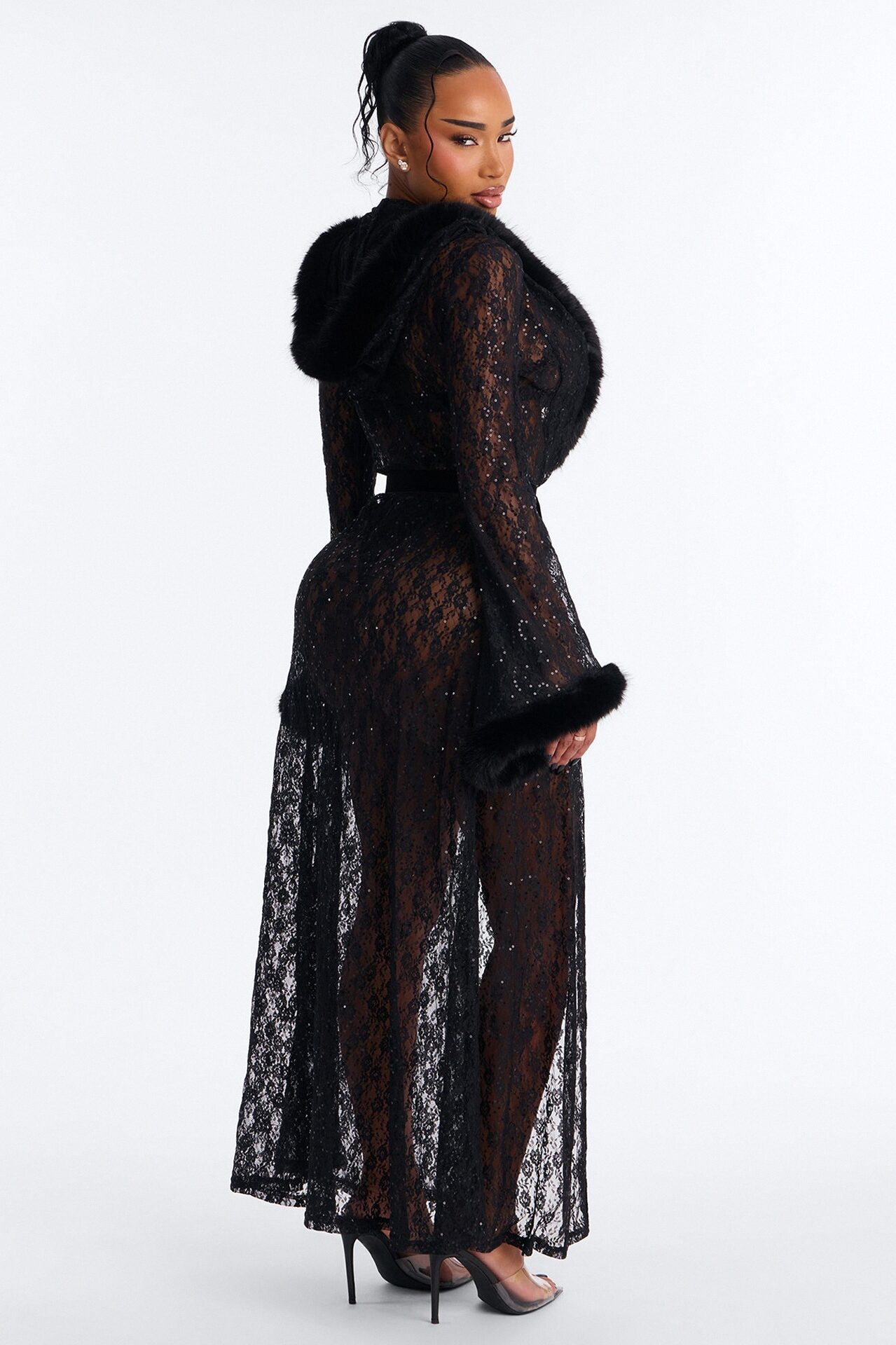 Ivy Hooded Embellished Stretch Lace Robe - Black