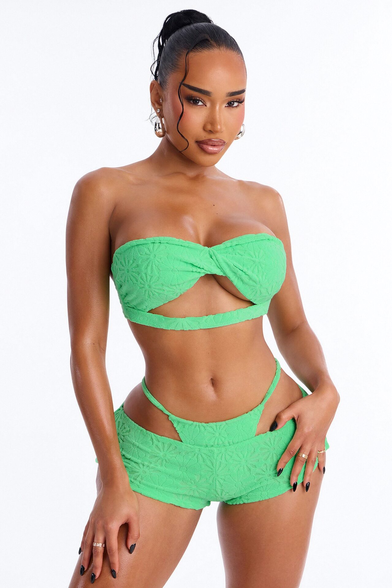Rozy 3 Piece Textured Floral Strapless Bikini & Cover Up Booty Short Sunsuit - Lime