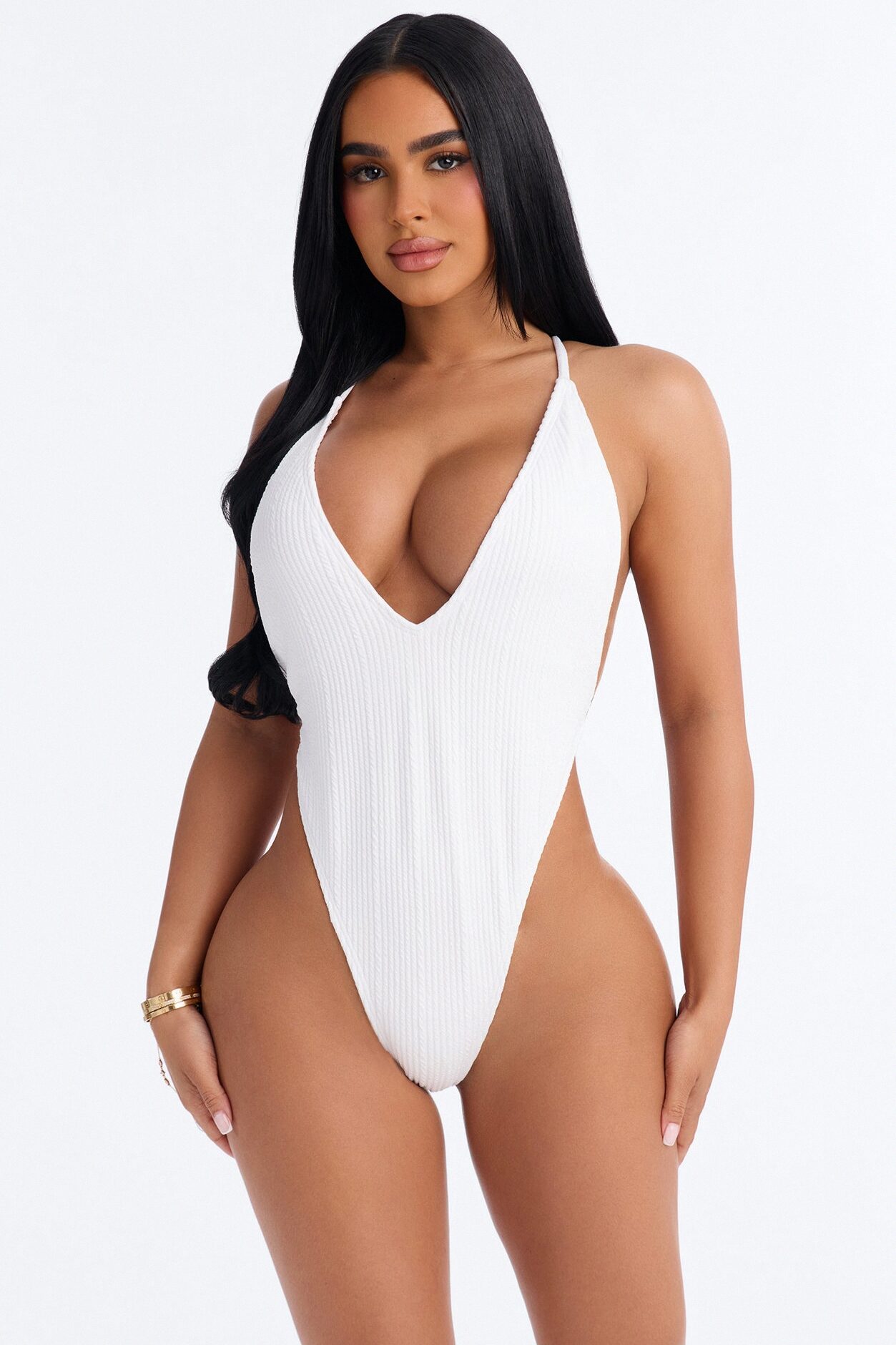 Talina Ribbed 1 Piece High Cut Swimsuit - White
