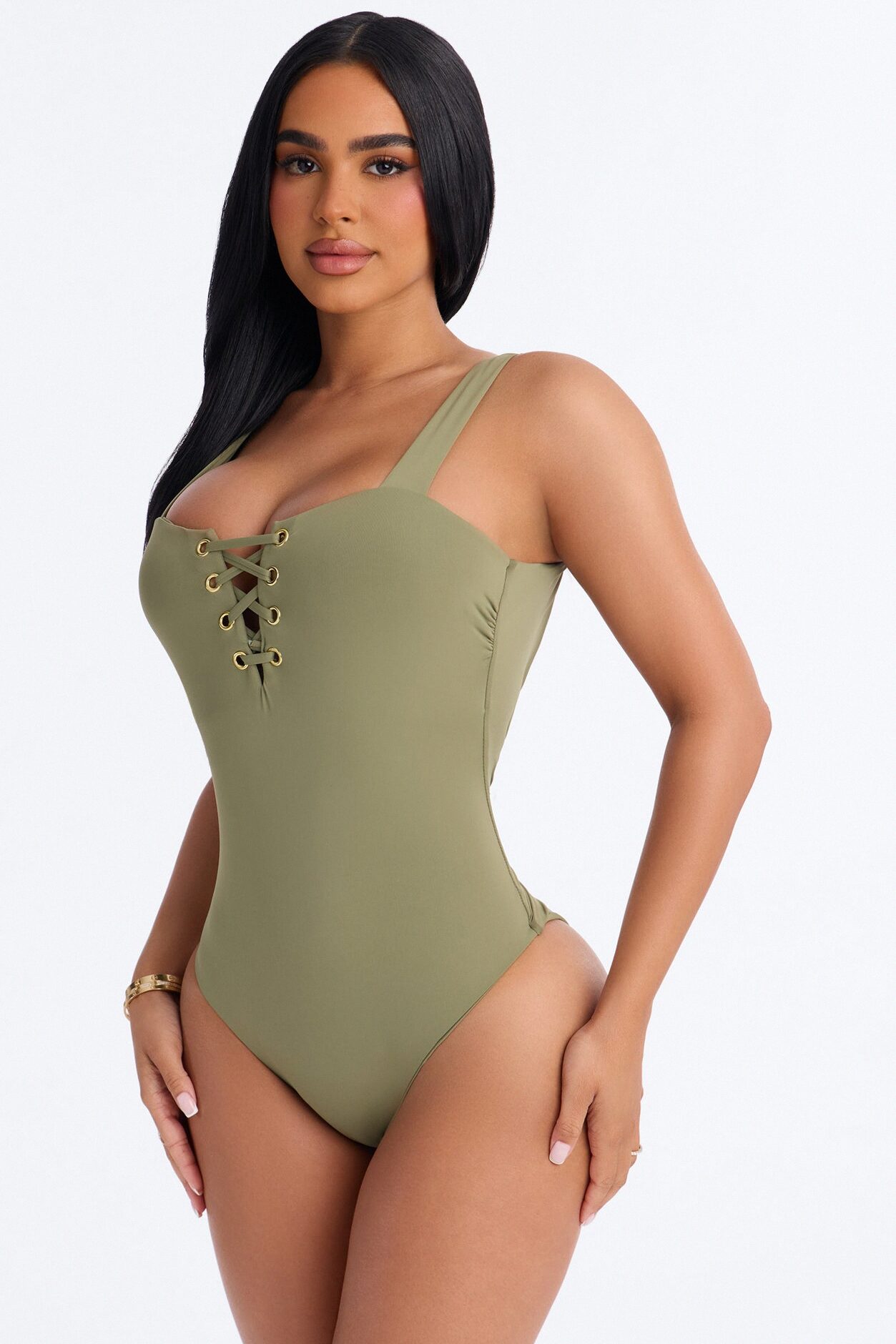 Sandy Toes Lace Up High Leg 1 Piece Swimsuit - Olive