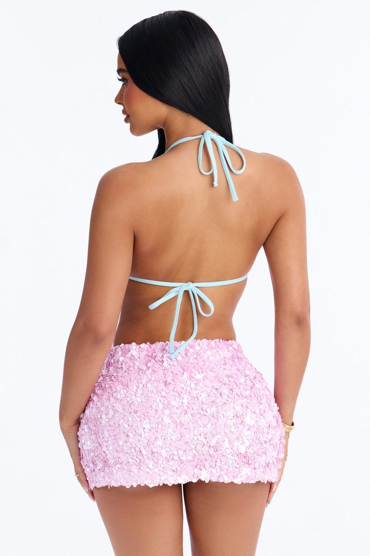 Sunset Siesta Sequin 3 Piece Triangle Bikini Skirt Set - Pink/combo