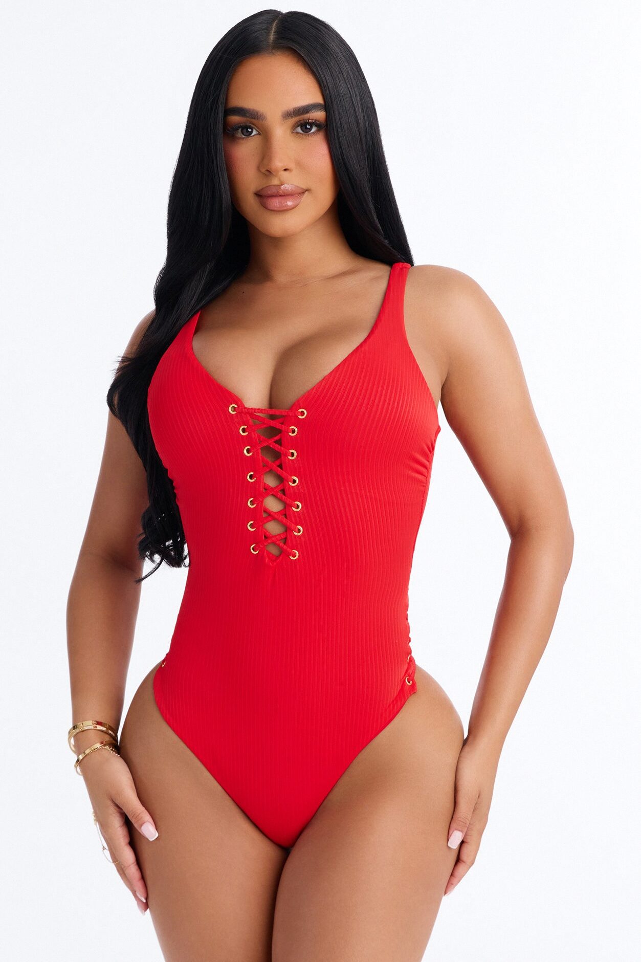 Always Tanning Ribbed 1 Piece Lace Up Swimsuit - Red