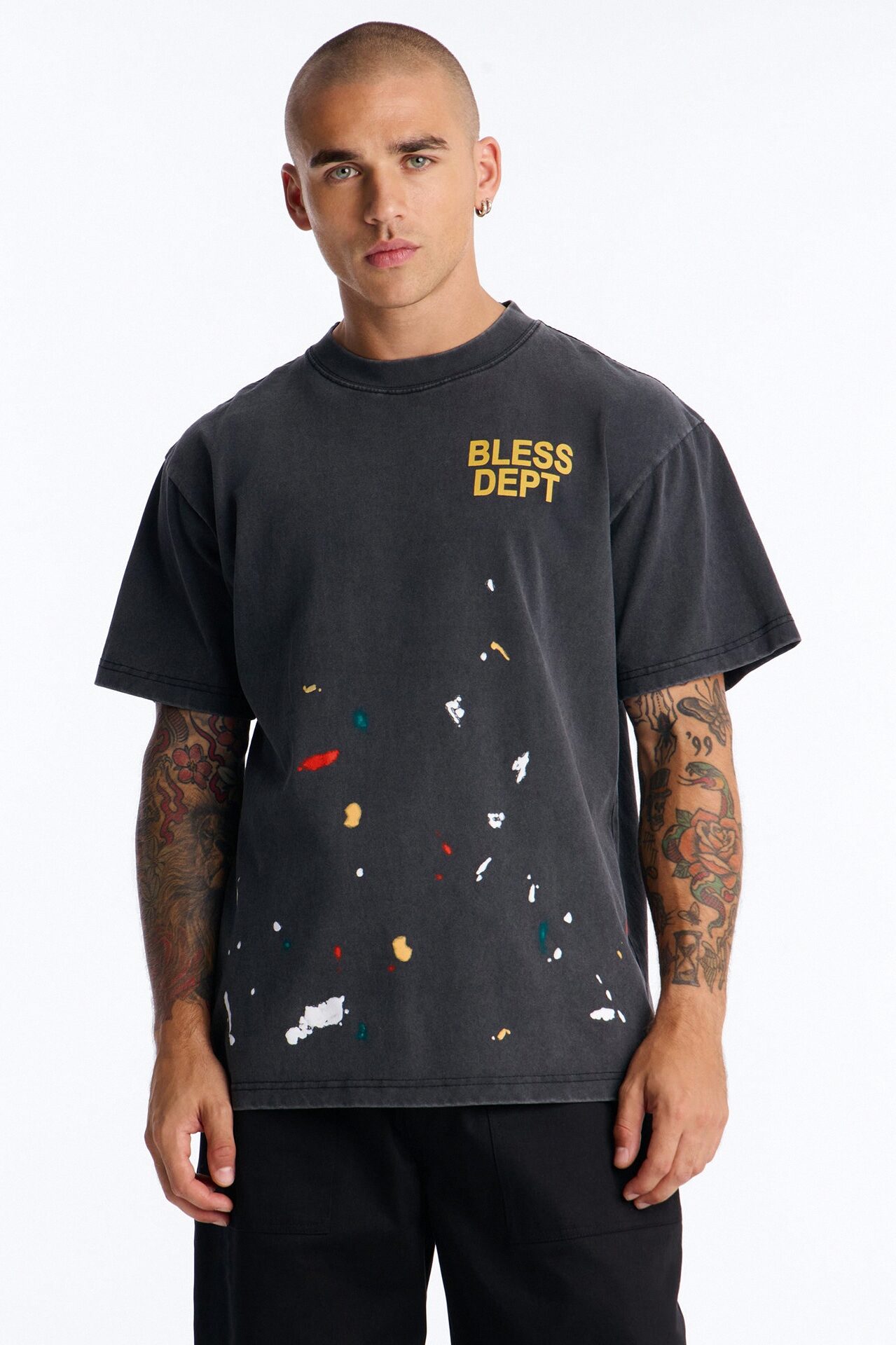 Bless Dept Paint Splatter Oversized Heavy Weight Vintage Short Sleeve Tee - Black Wash