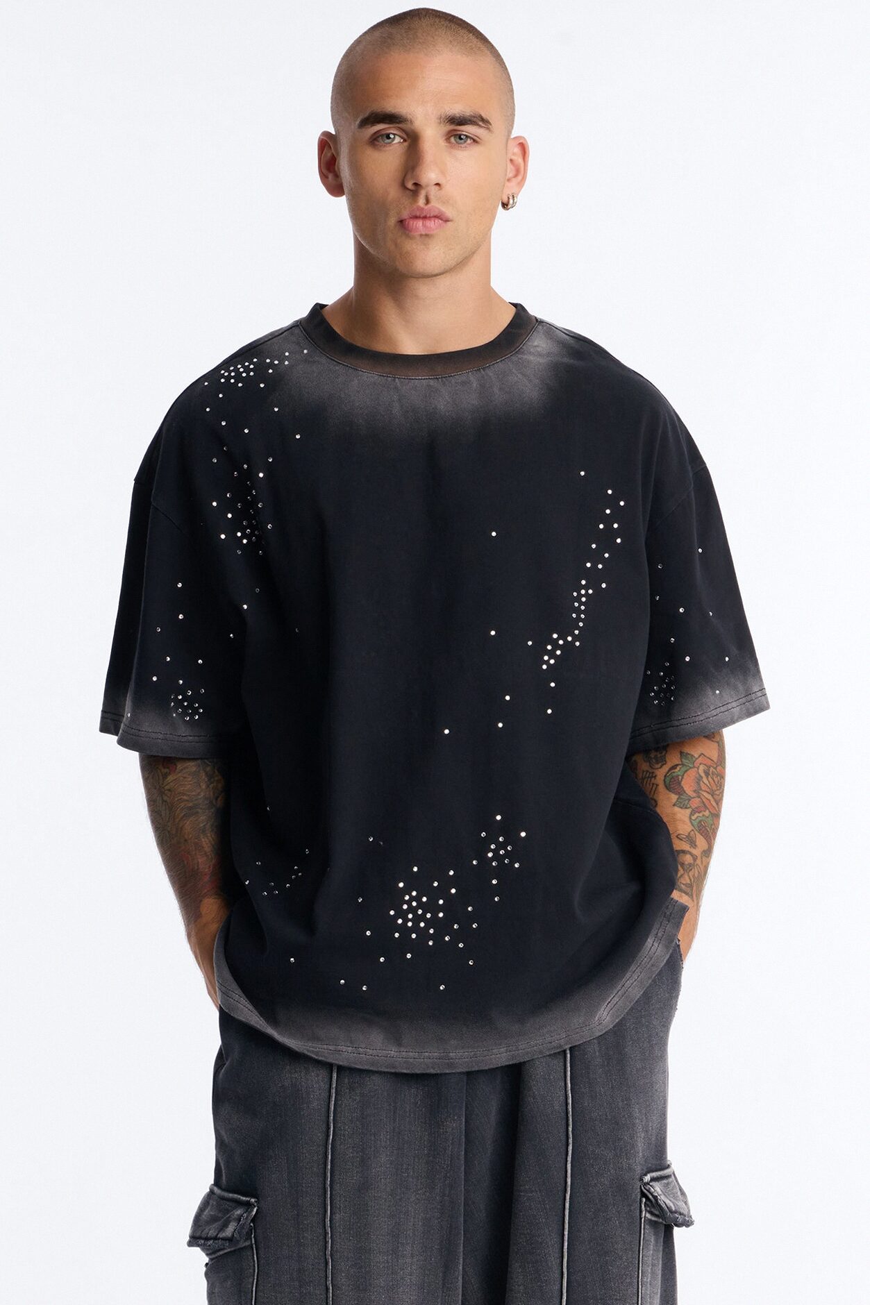 Stardust Dissolved Wash Rhinestone Tee - Black Wash