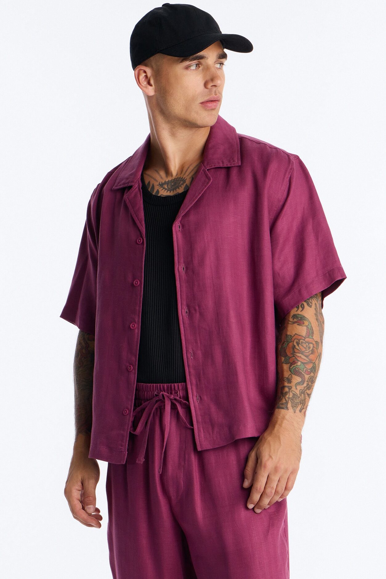 Cropped Wastelander Cuban Collar Button Up Shirt - Purple