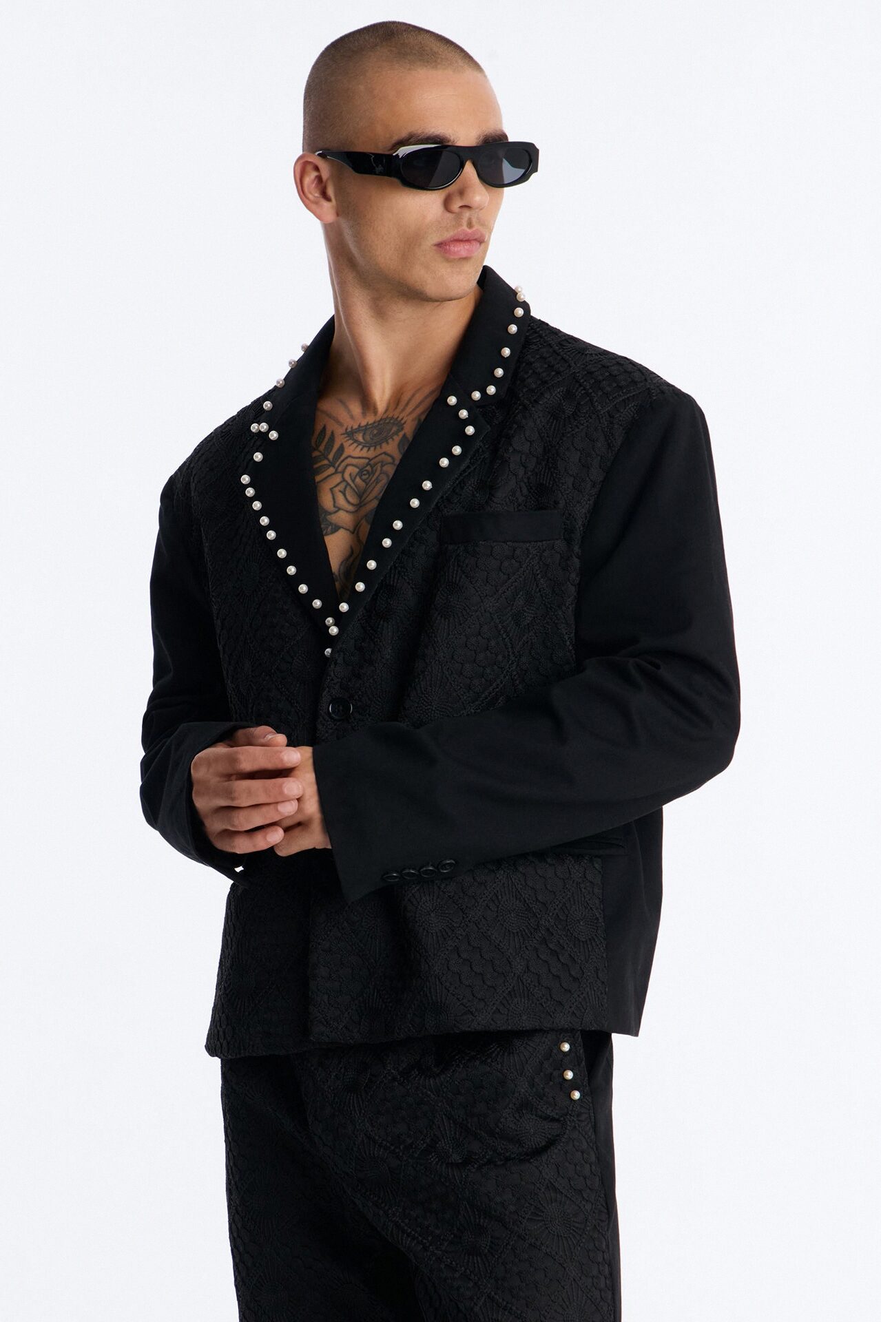 Lattice Boxy Cropped Pearl Single Breasted Blazer - Black