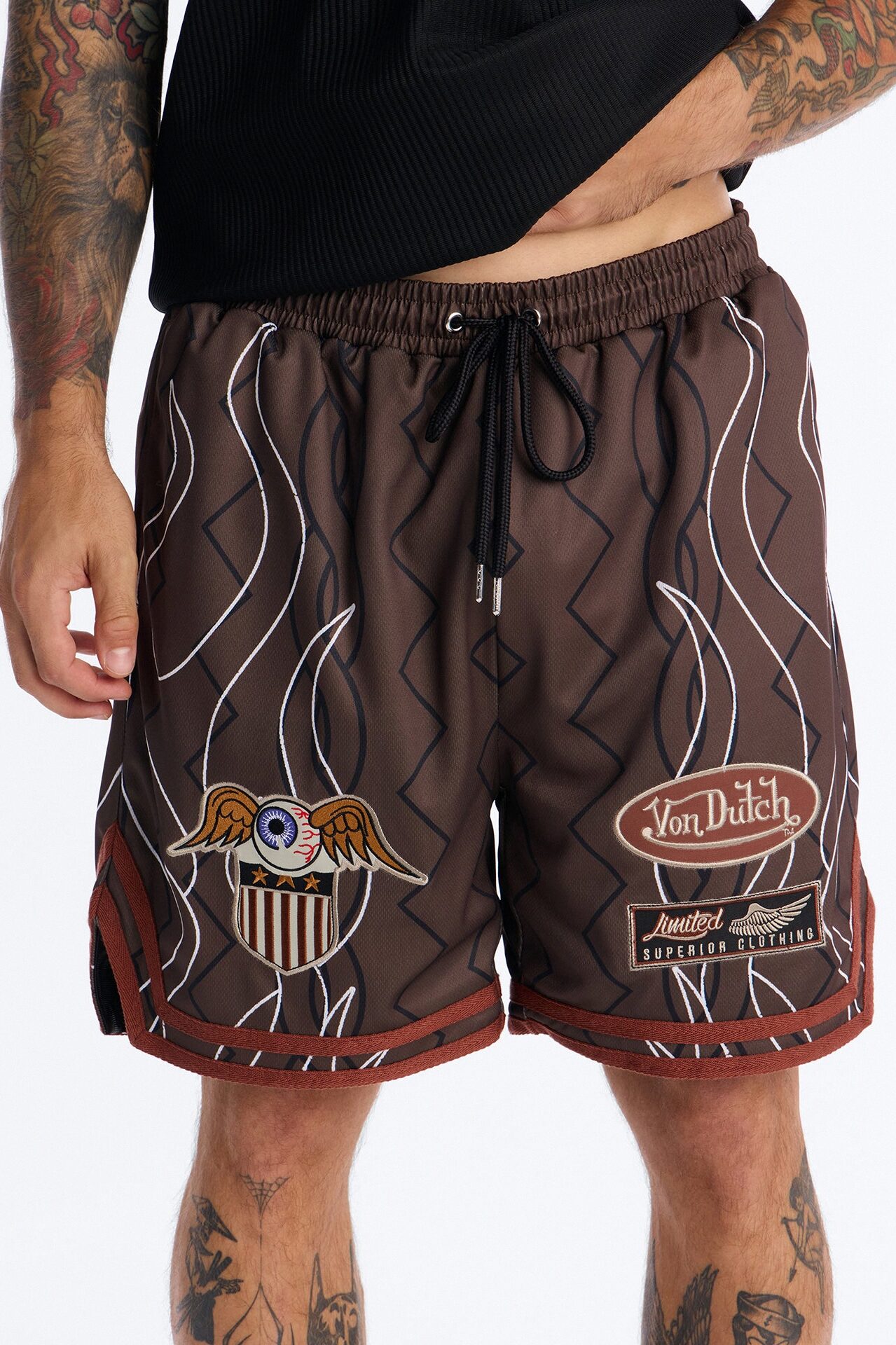 Von Dutch Flame Embroidery Patch Mesh Short - Chocolate