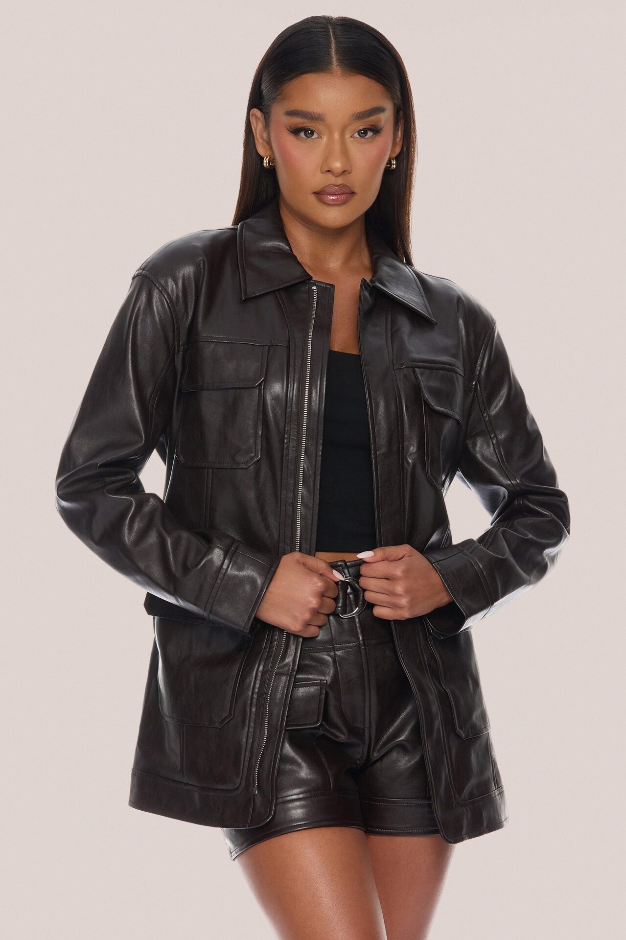 Zaya Belted Faux Leather Jacket - Chocolate