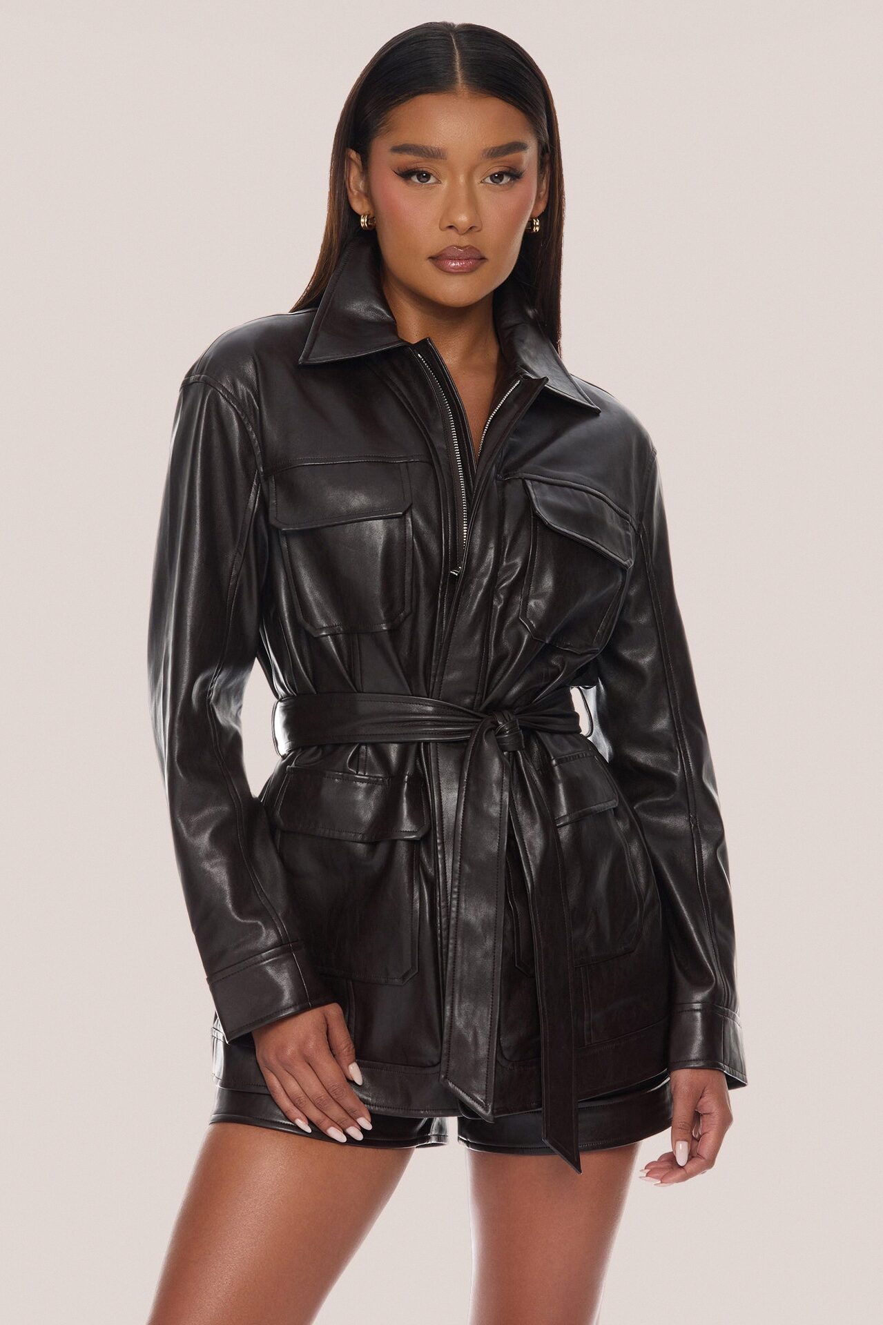Zaya Belted Faux Leather Jacket - Chocolate