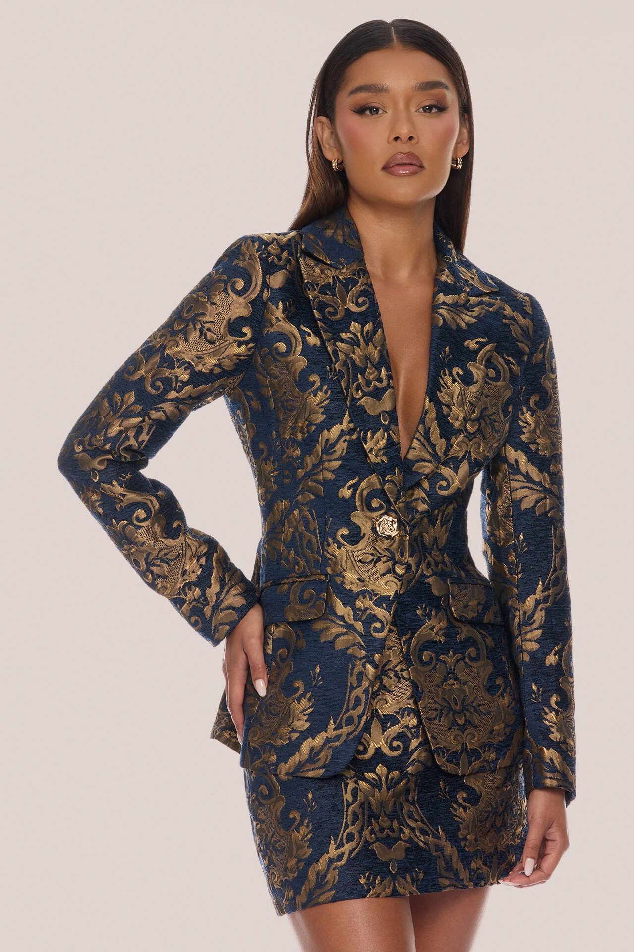 Vanya Jacquard Blazer Skirt Set - Navy/combo