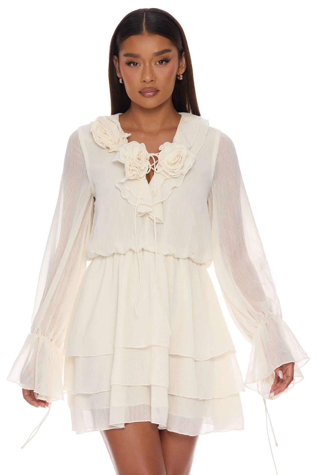 Ellah Ruffle Chiffon Mini Dress - Cream